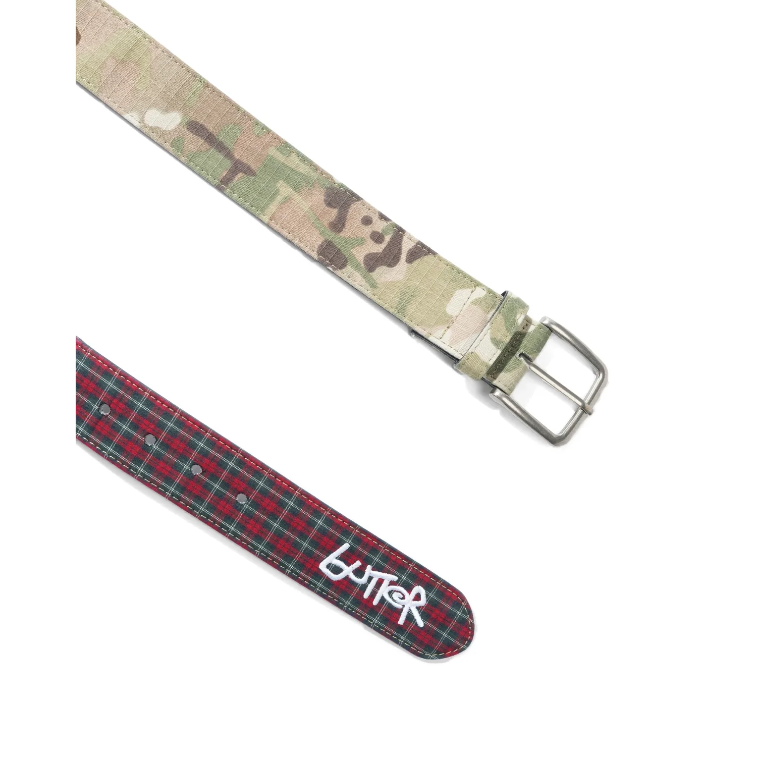 Ceinture, motif camouflage, motif à carreaux, boucle métallique