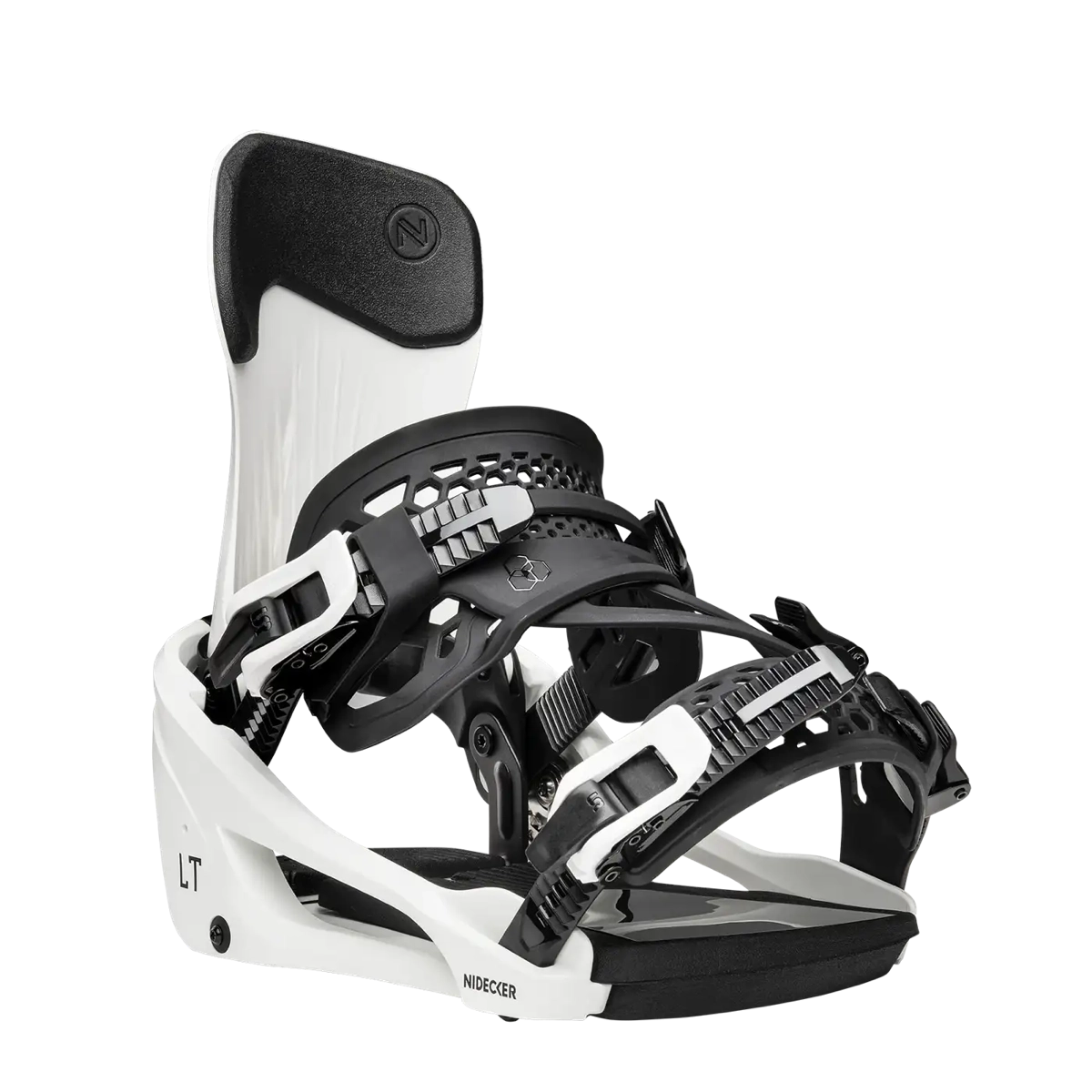 Fixation de snowboard, sangles réglables, spoiler, blanc-noir, crans au niveau des orteils et de la cheville, fixations de snowboard, blanc-noir, sangles de cheville, système à crans, Nidecker LT