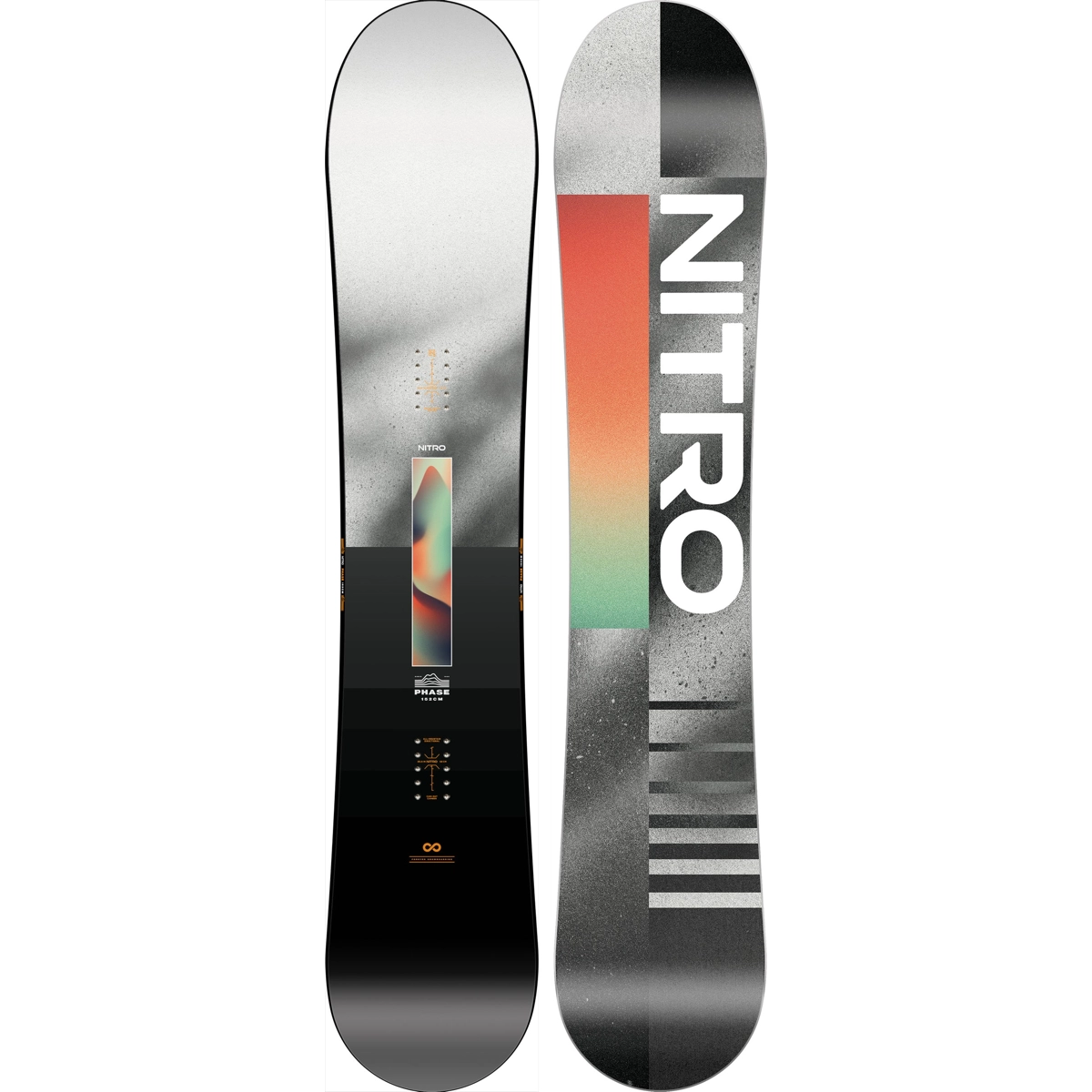 Snowboard, Nitro, twin tip, motif au pochoir, motif dégradé, snowboard, motif, dégradé, twin tip, cambre