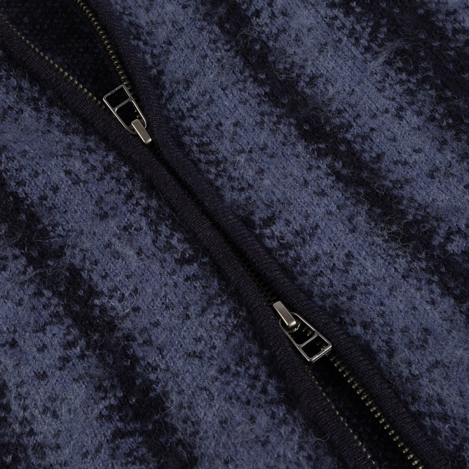 Tissu en laine, motifs bleus, fermeture à glissière, curseur métallique