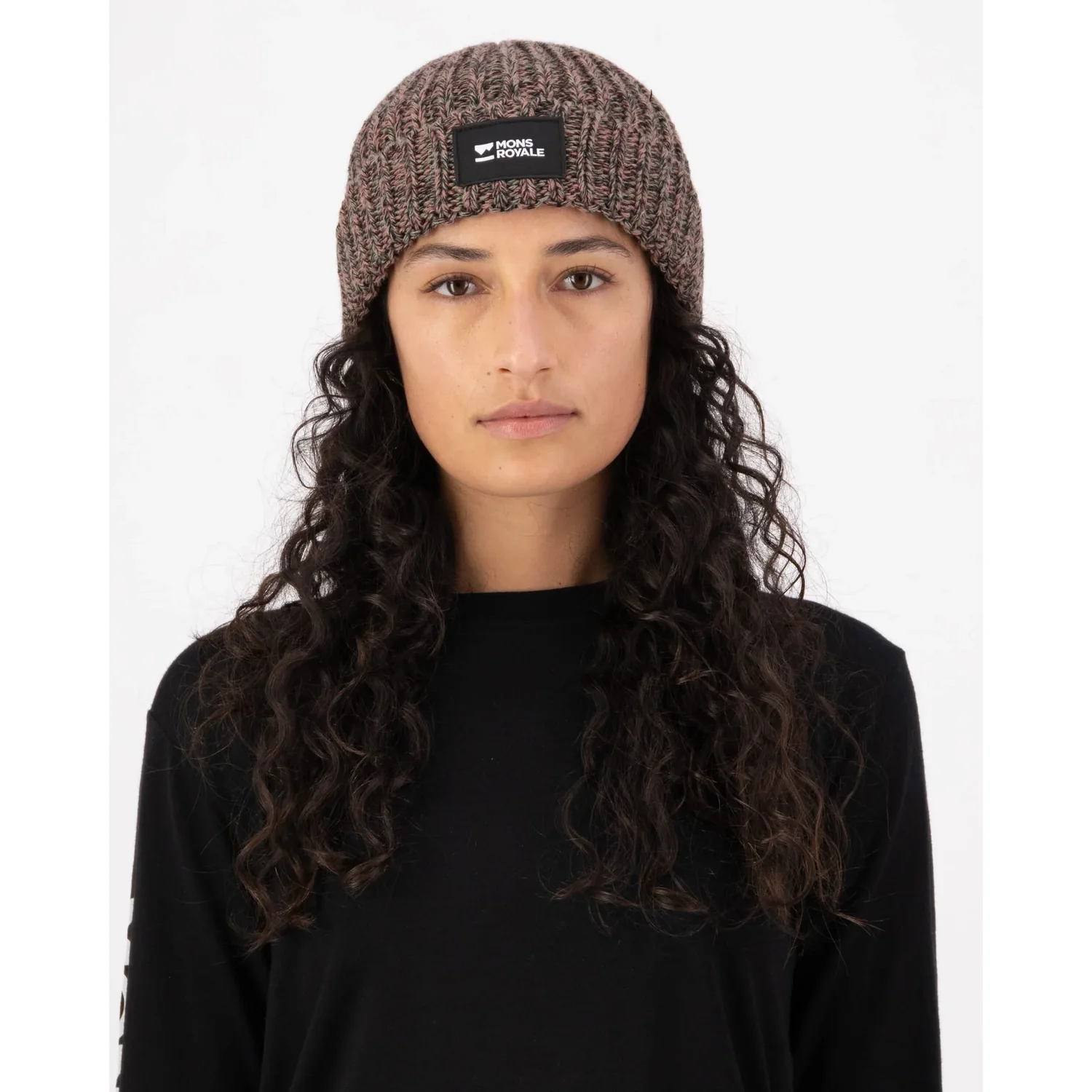 Triple Treat Mer. Beanie Strickmütze, Rippstrick, Braun meliert, Umschlagrand, Logo-Aufnäher