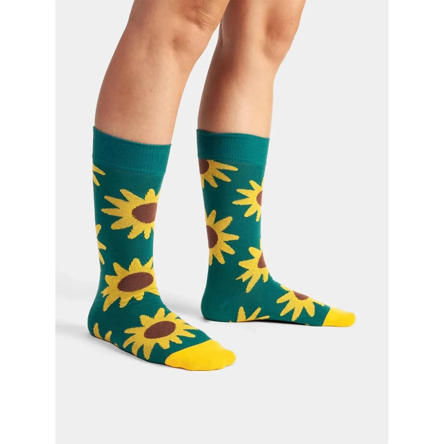 Blooming Sunflower Chaussettes, motif tournesol, vert foncé, orteils jaunes, tricotage circulaire
