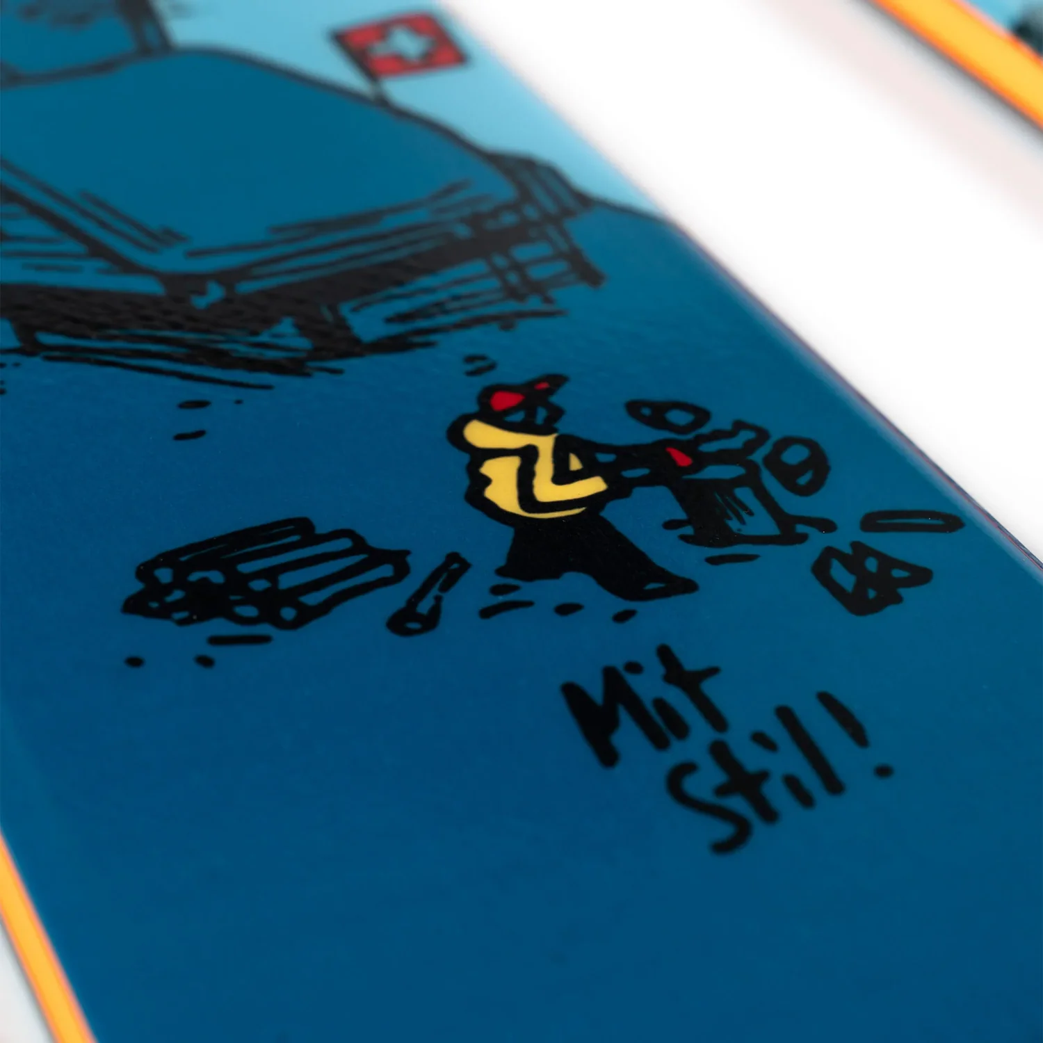 Snowboard, Blau, Comic-Aufdruck, Illustration, Orangefarbener Rand