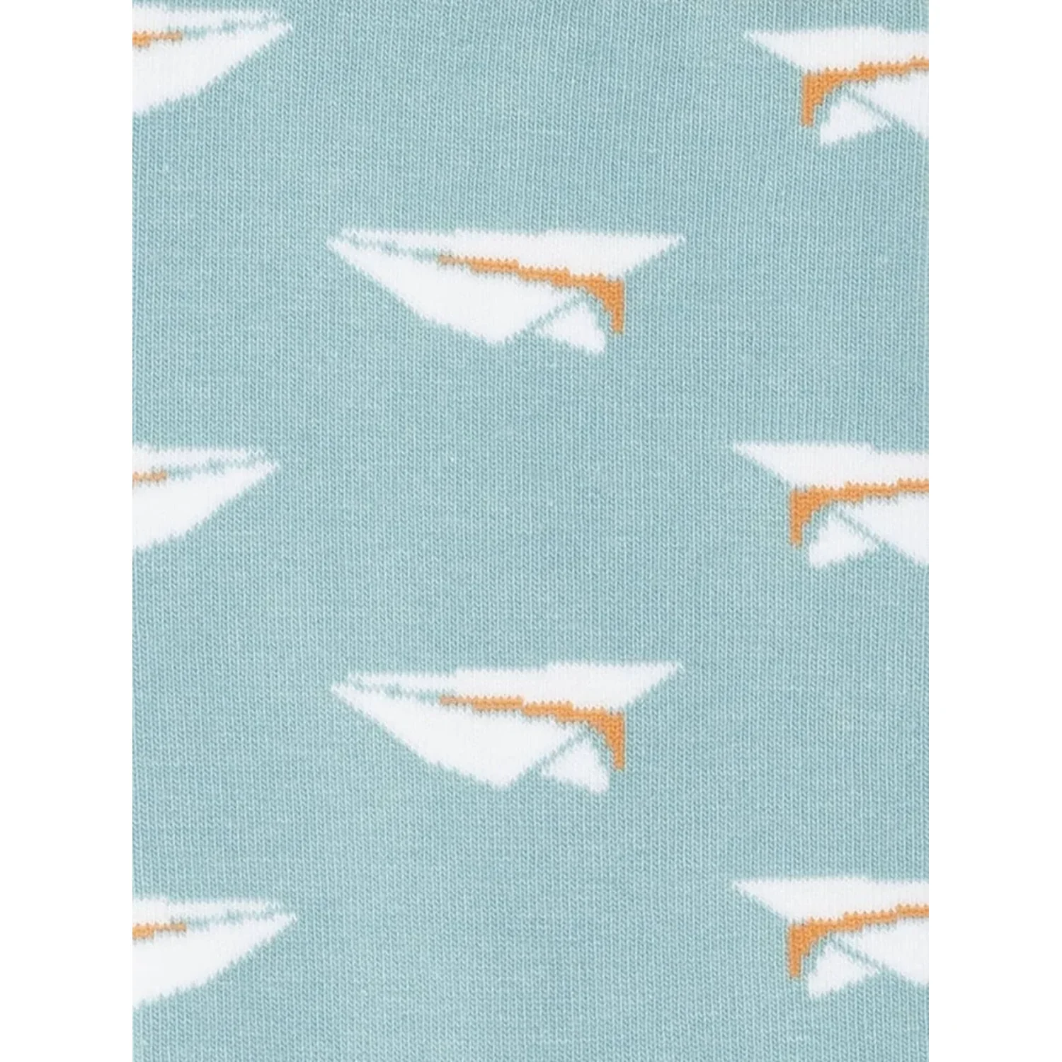 Tissu vert menthe, motif avion en papier, motif blanc-orange, tissu tricoté