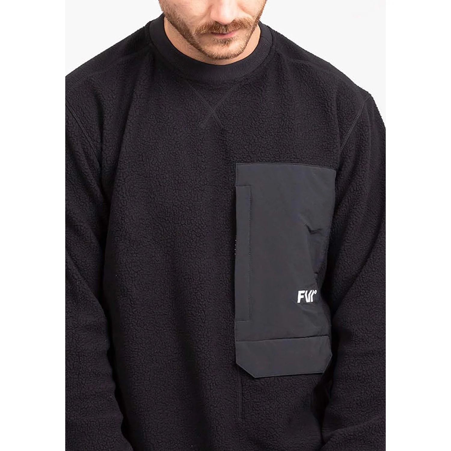 Root Sherpa Crew Fleecepullover, Schwarz, Rundhalsausschnitt, Brusttasche, Langarm