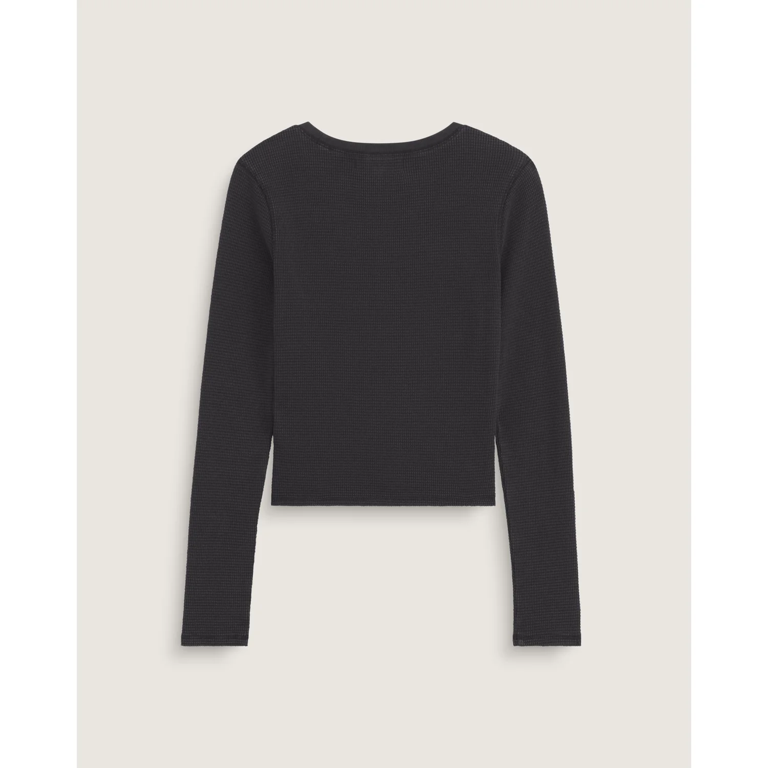 Langarmshirt, Schwarz, Rundhalsausschnitt, Waffelstrick, Kurz geschnitten