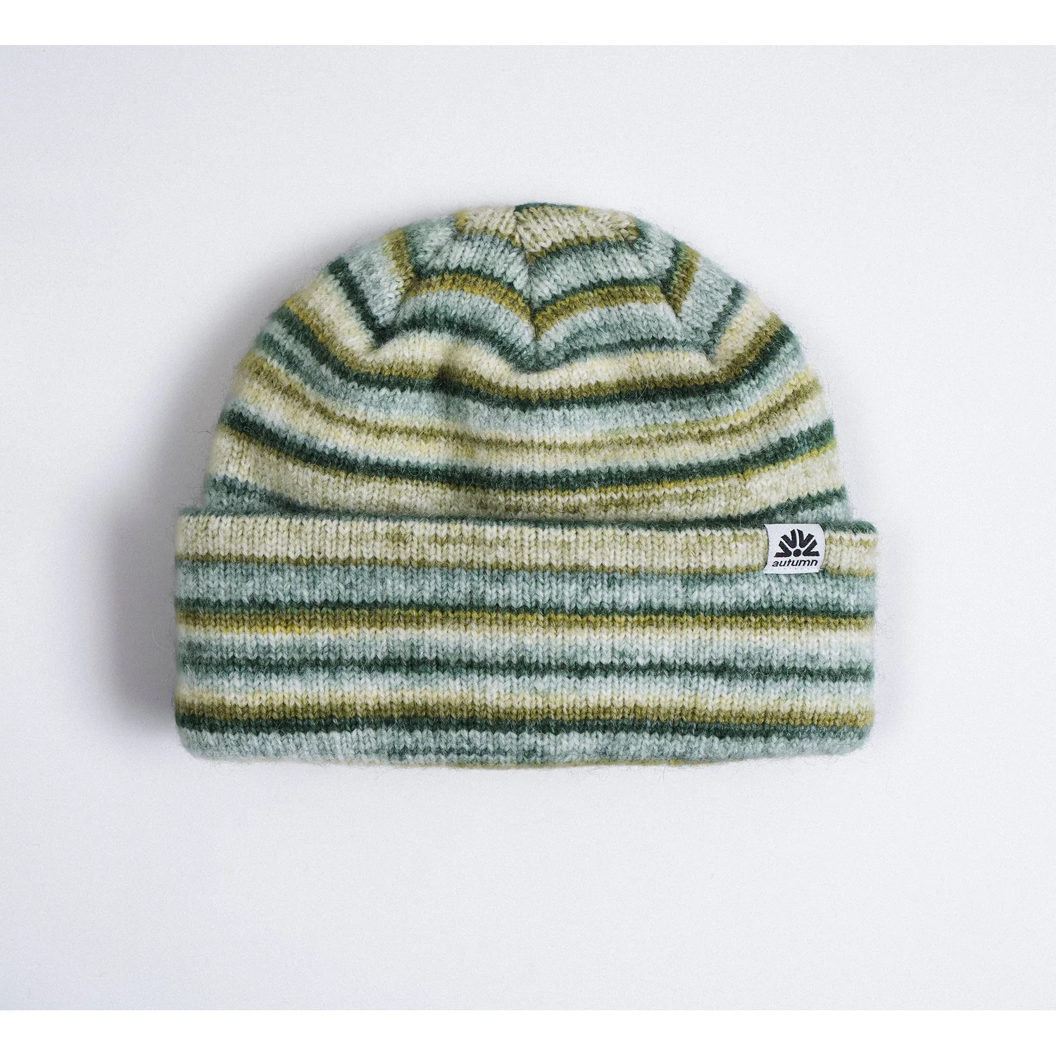 Fuzz Bonnet en tricot, bord rabattu, rayé, vert et crème, motif jacquard