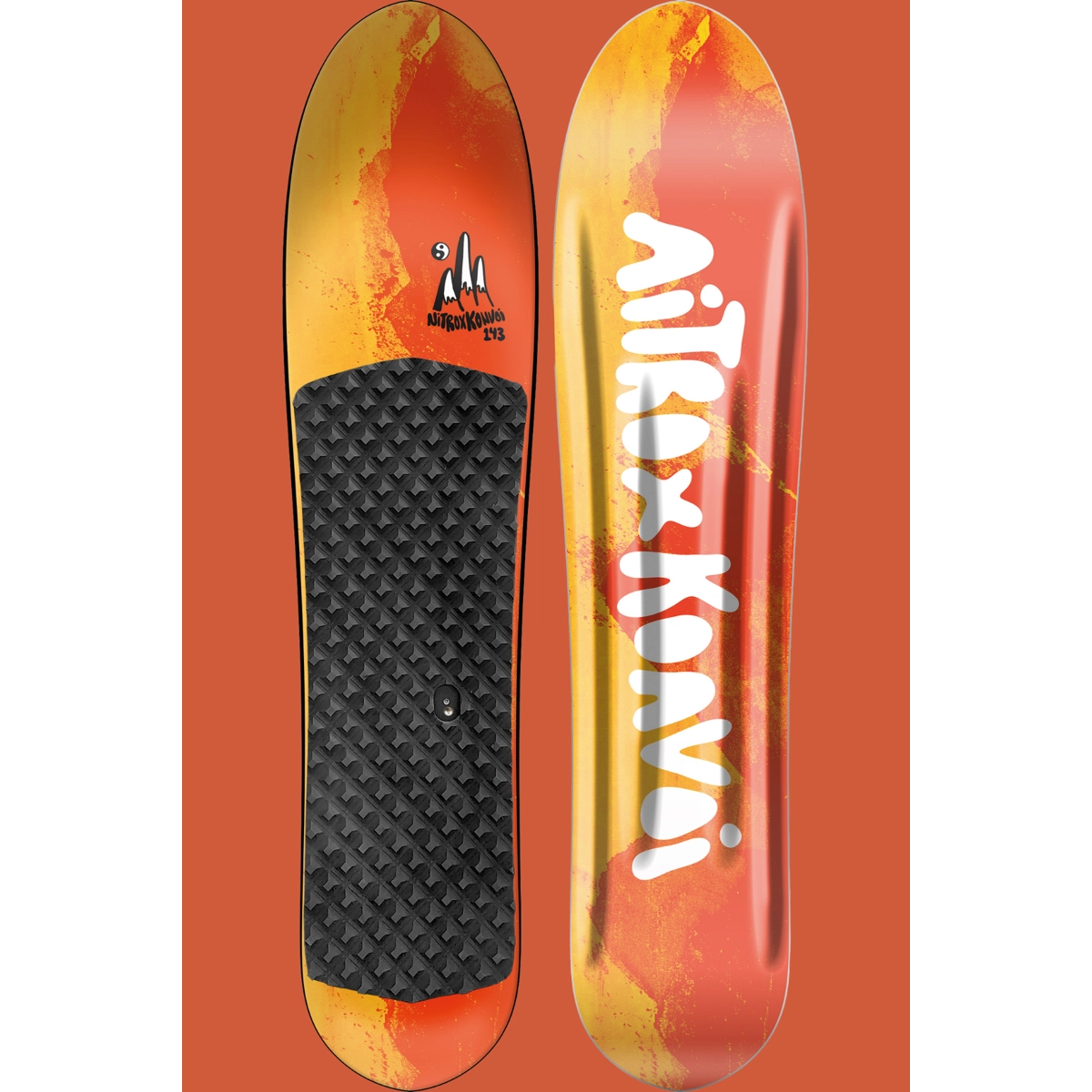 Paddleboard, stand-up paddle, planche, surface texturée, touches de couleur orange, snowboard, splitboard, dégradé orange, motif graphique, patins antidérapants