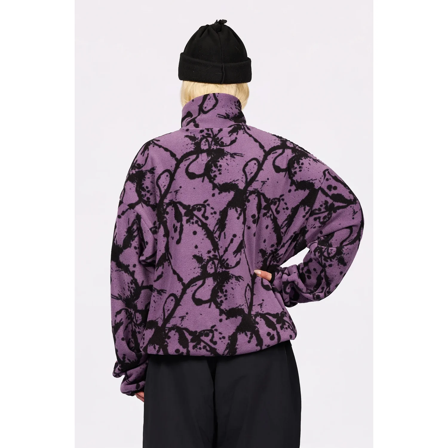 Fleecejacke, Tie-Dye, Lila, Langarm, Hoher Kragen, Fleecepullover, Rollkragen, Lila-schwarz, Abstraktes Muster, Oversize-Schnitt