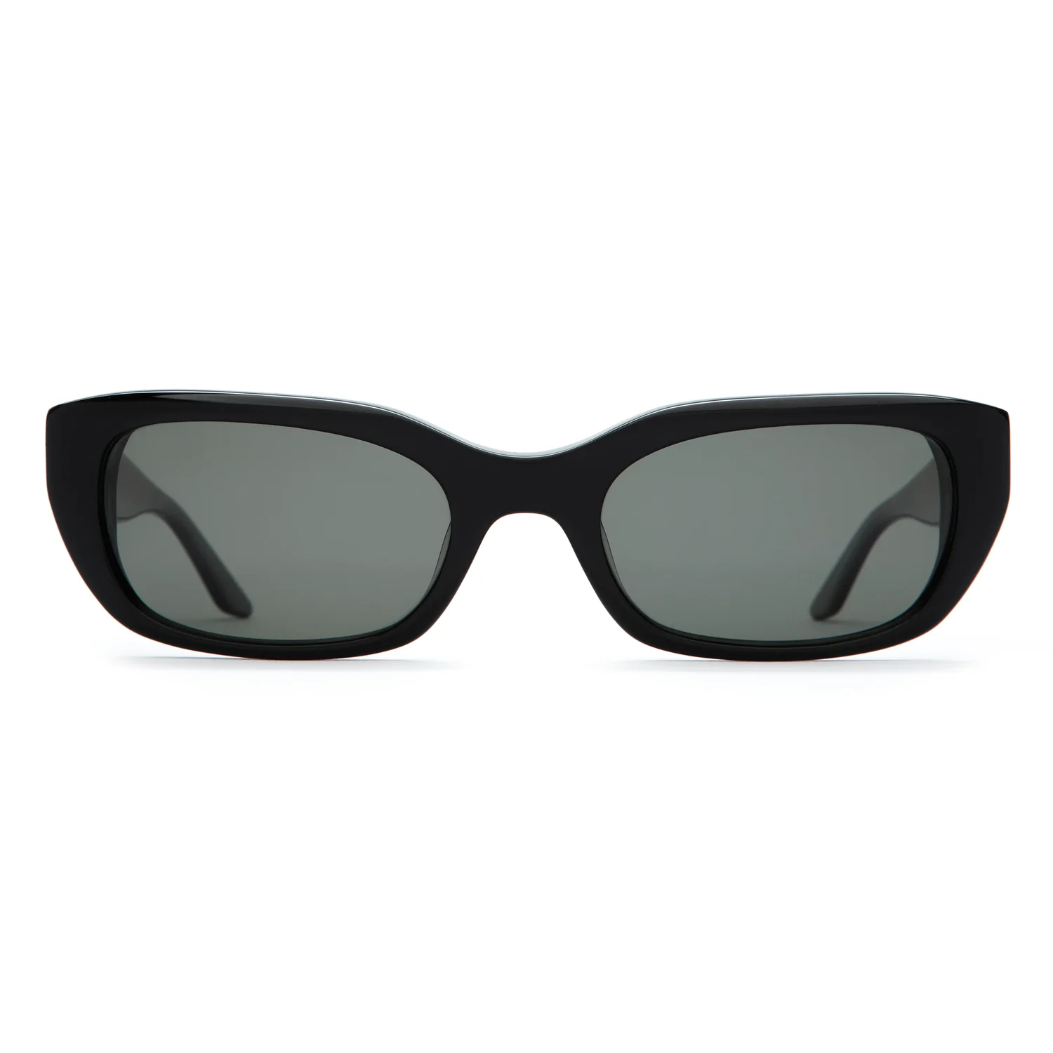 Sonnenbrille, schwarzer Rahmen, rechteckige Gläser, getönte Gläser