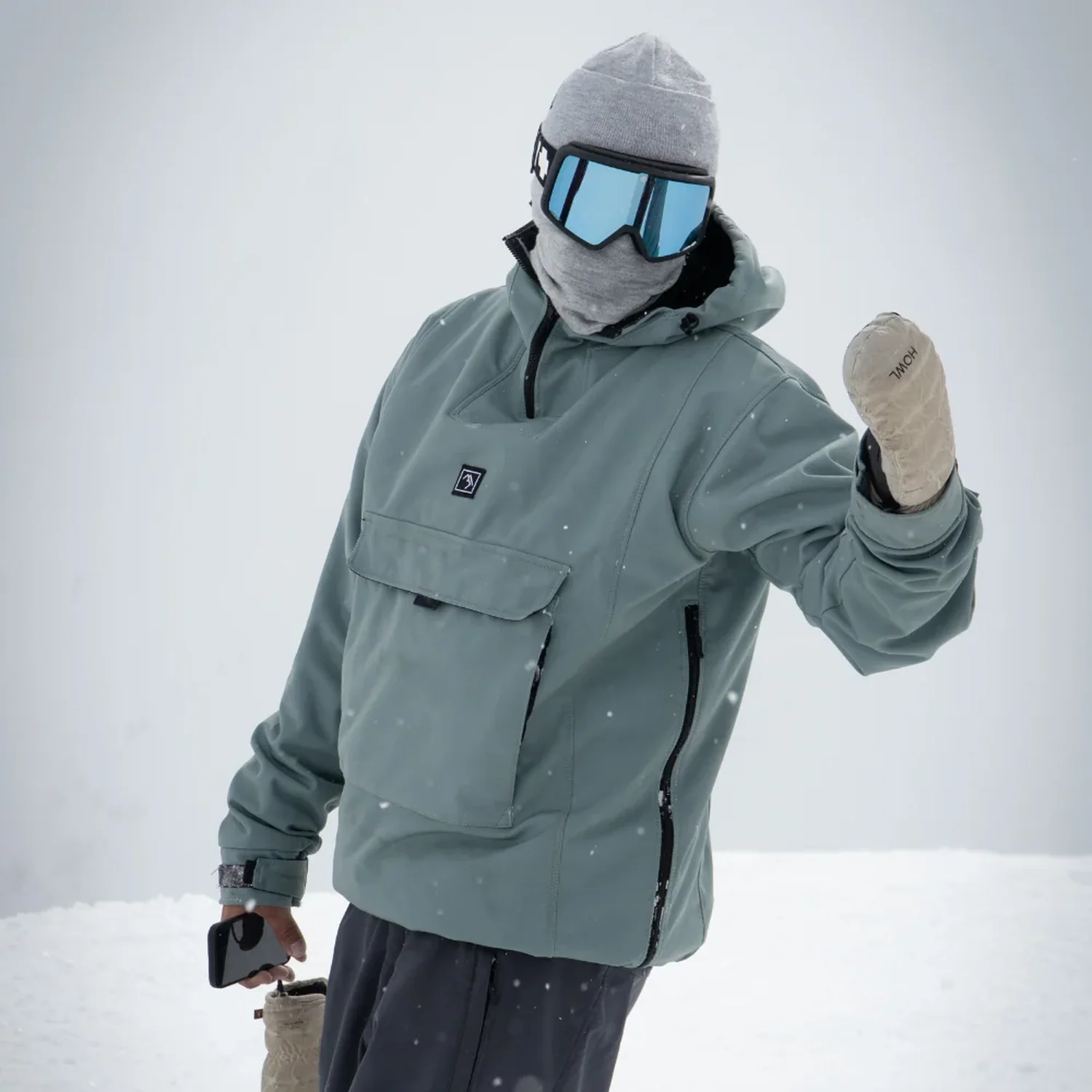 Veste de neige, veste par-dessus, capuche, vert sauge, poche avant
