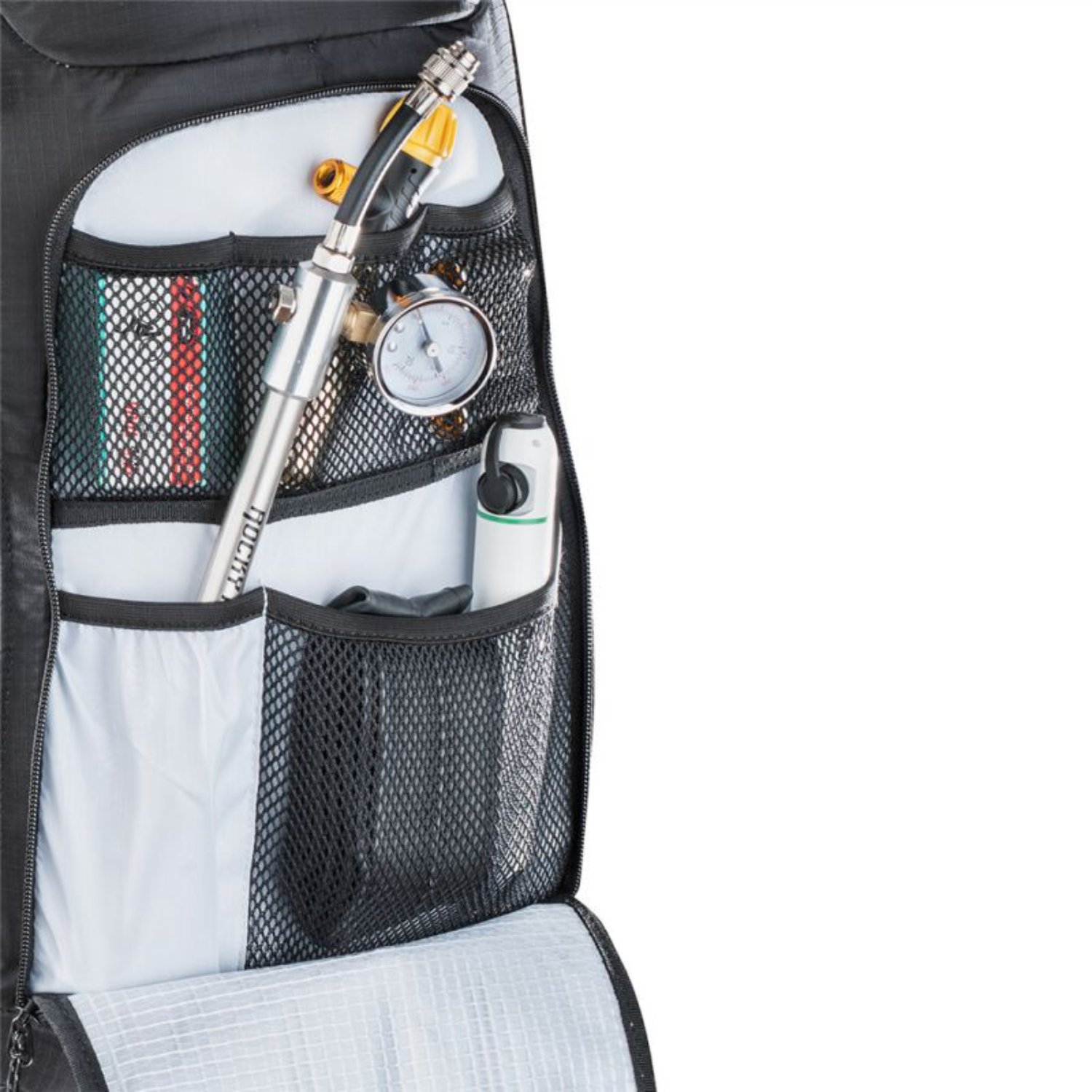 Organiseur de sac à dos, trousse à outils, poche en filet, manomètre, pompe