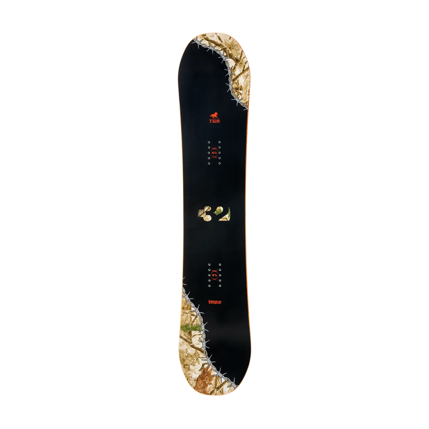 Snowboard, Schwarze Oberfläche, Tarnmuster, Barbedraht-Design
