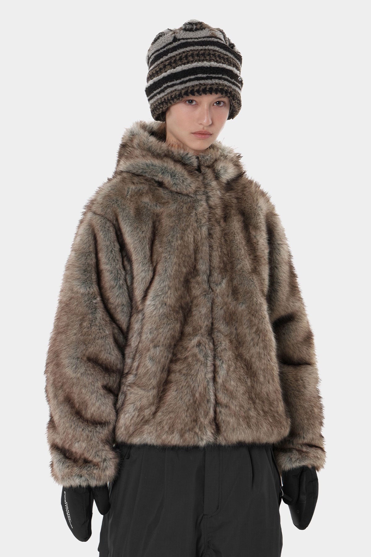 BOA Beanie & Warmer fourrure synthétique, manteau, aspect fourrure, marron, mi-long