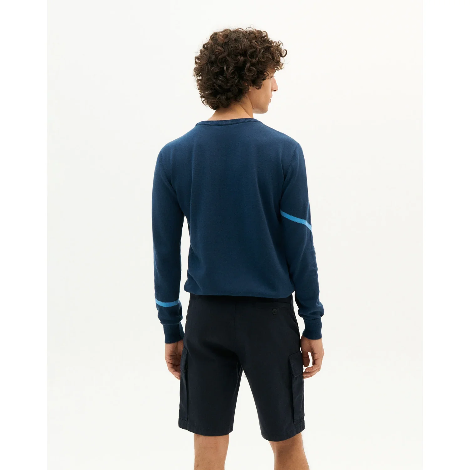 Diego Cargo Shorts Herrenpullover, Rundhalsausschnitt, Dunkelblau, Langarm, Kontraststreifen