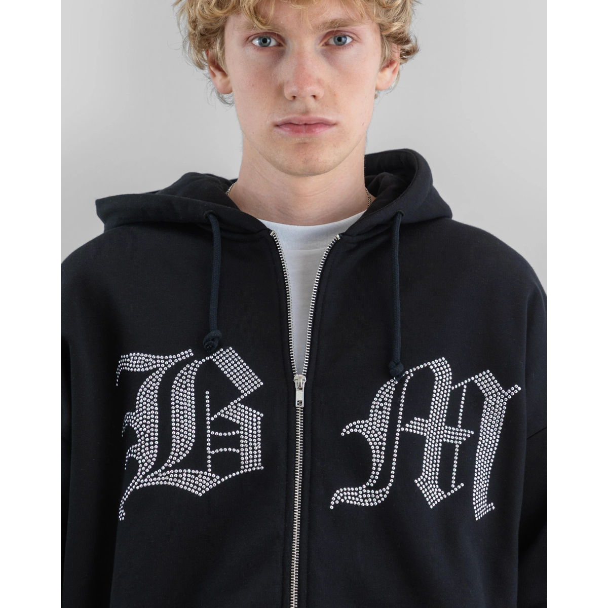 Sweat à capuche, fermeture éclair, strass, noir, sweat à capuche, fermeture éclair, noir, strass, imprimé graphique