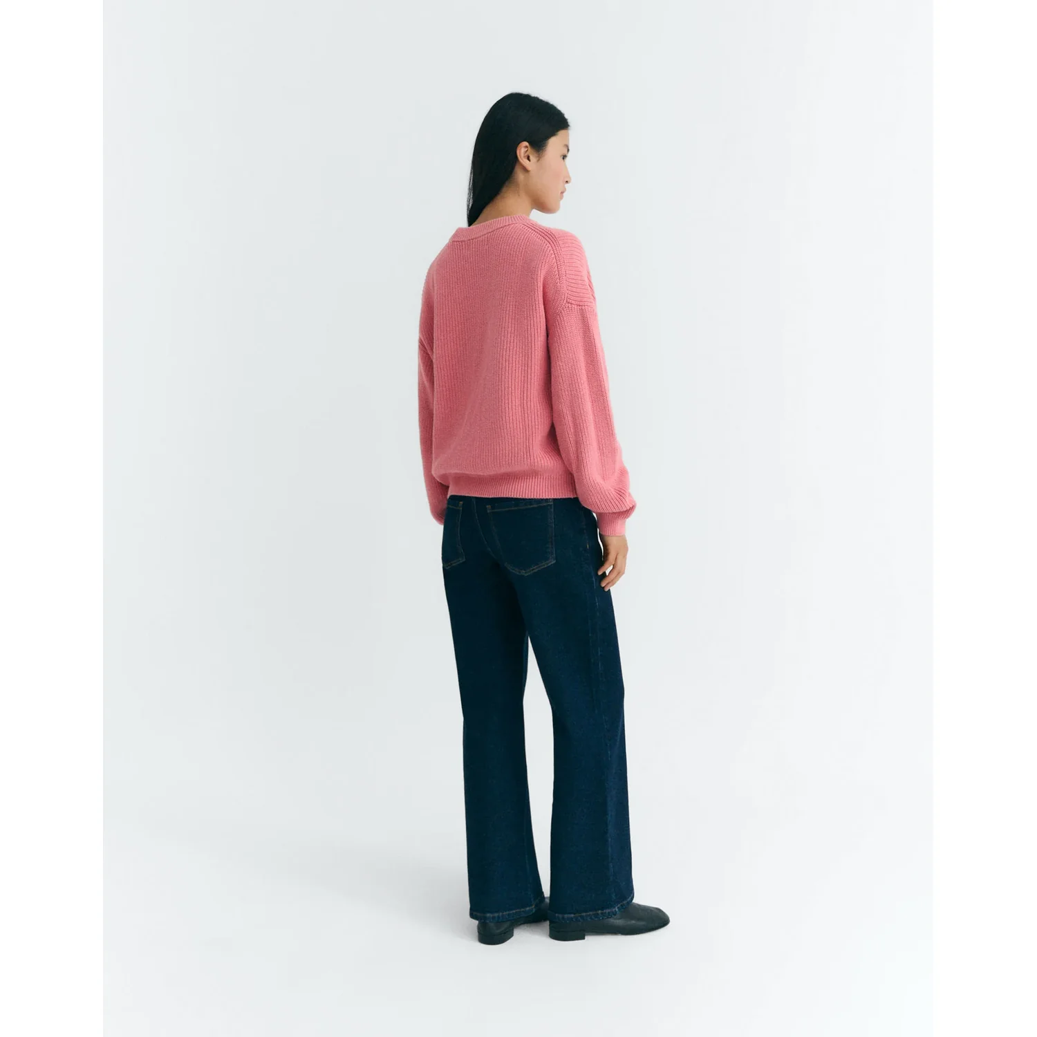 Damenpullover, Strickpullover, Rosa, Rundhalsausschnitt, Weite Jeans