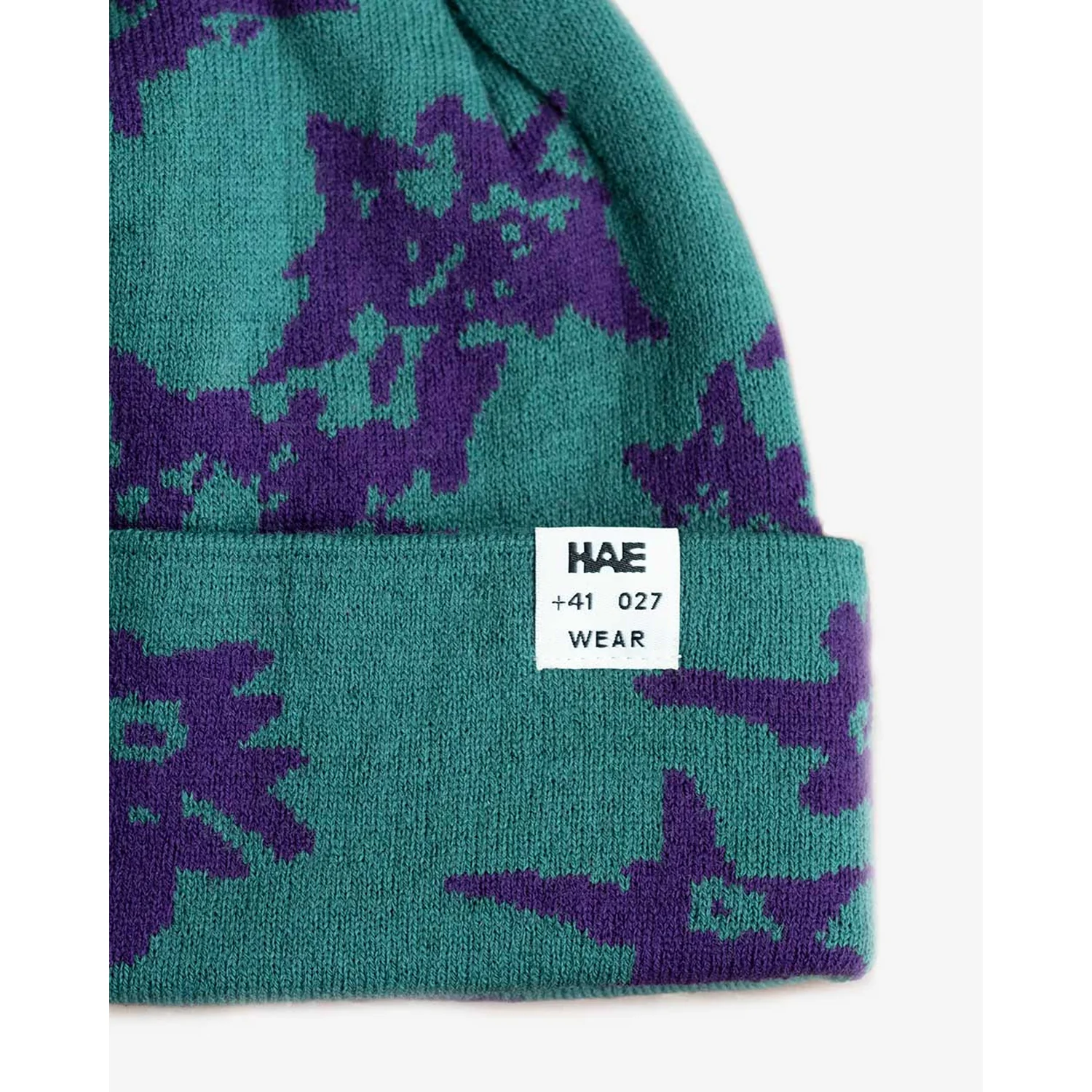 Bonnet tricoté, bord rabattu, turquoise, violet, motif camouflage