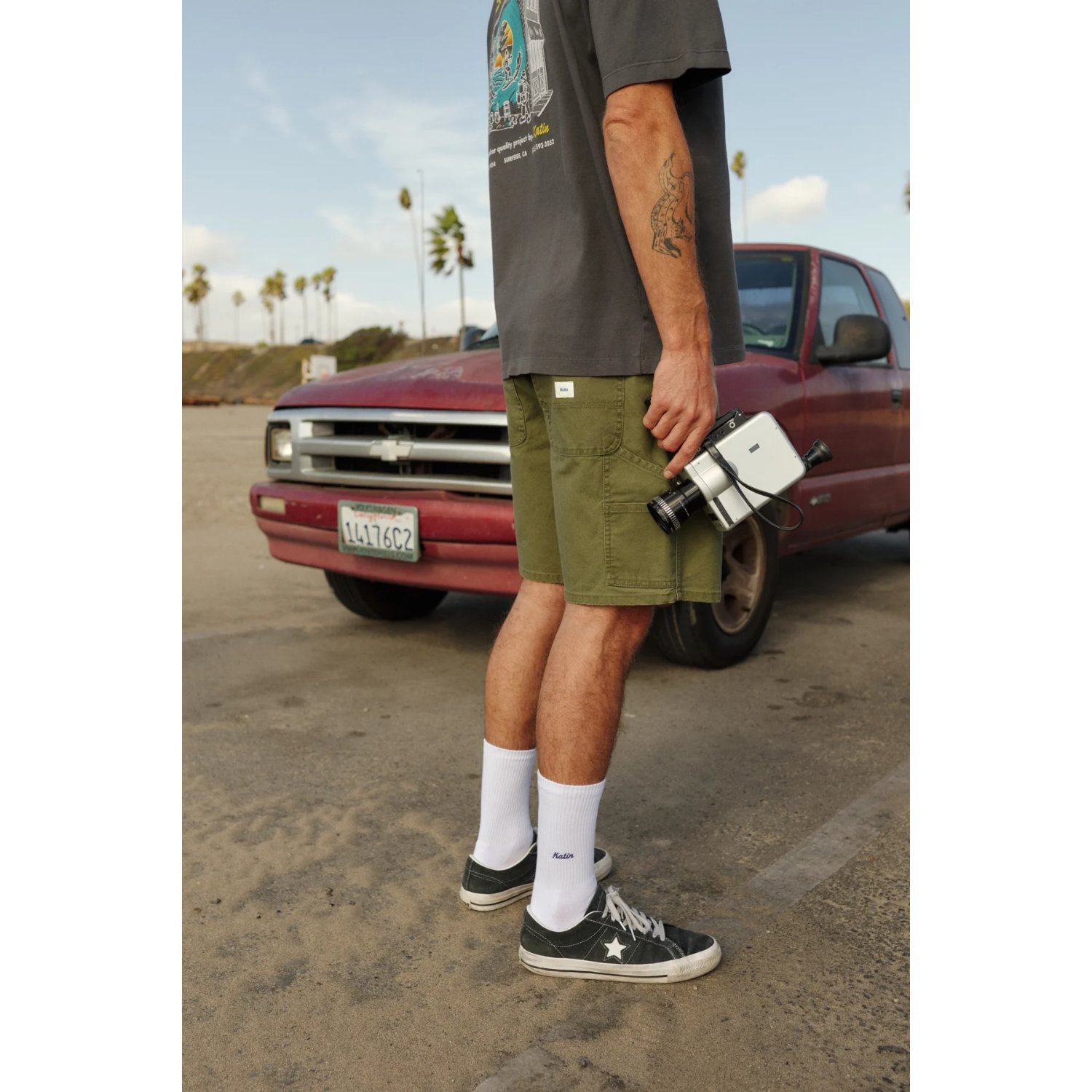 Stanley Short short, olive, cargo, appareil photo, baskets