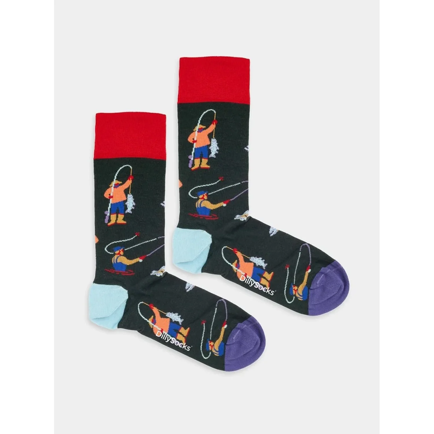 Chaussettes, motif de pêche, fond noir, bords rouges, motifs colorés