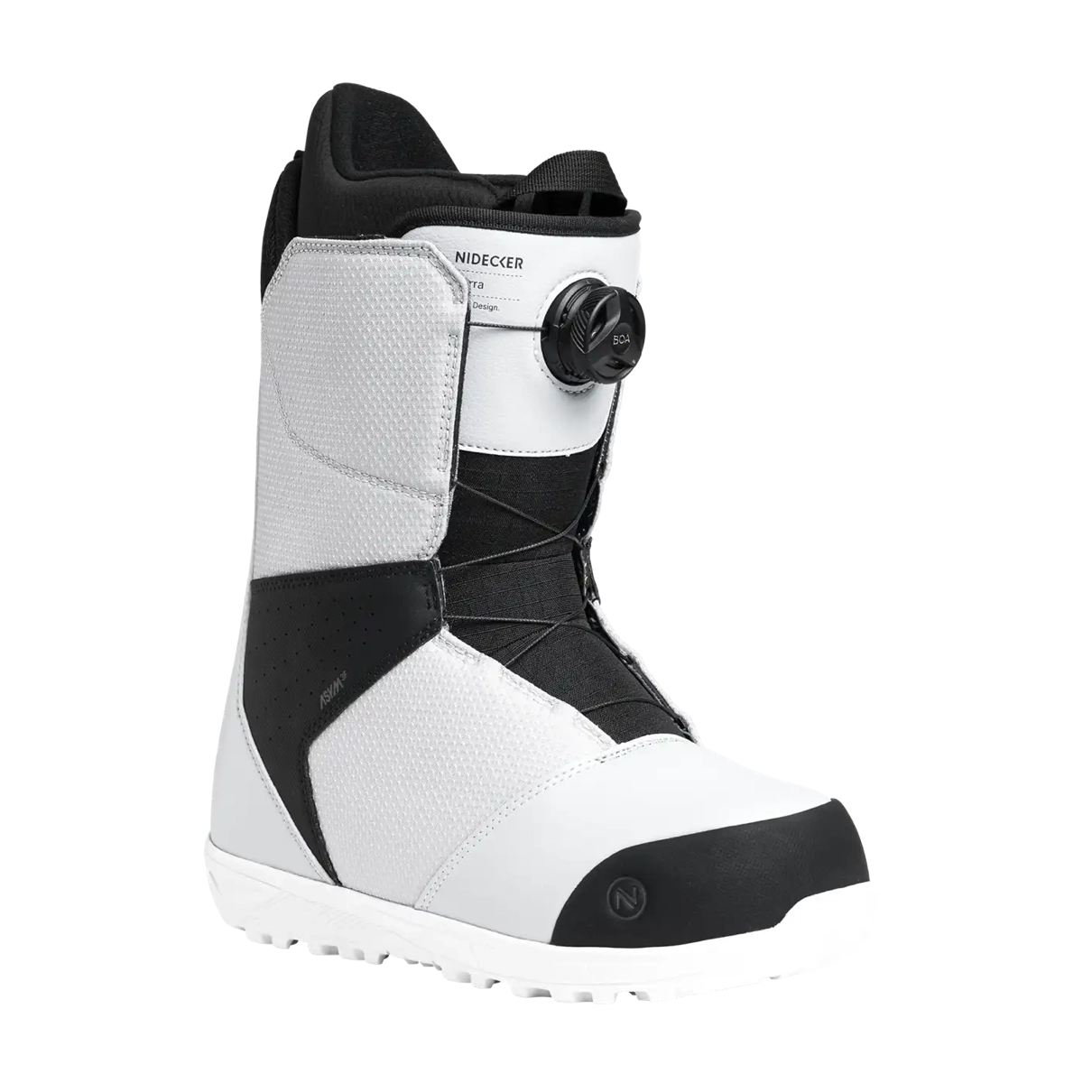 Snowboardstiefel, Boots, Leder/Textil Mischung, Schnürsystem, BOA-Drehknopf, Schwarz-Weiß, Schneeschuh, Winterstiefel, Schuhwerk, Schnürverschluss, Gummi-Sohle