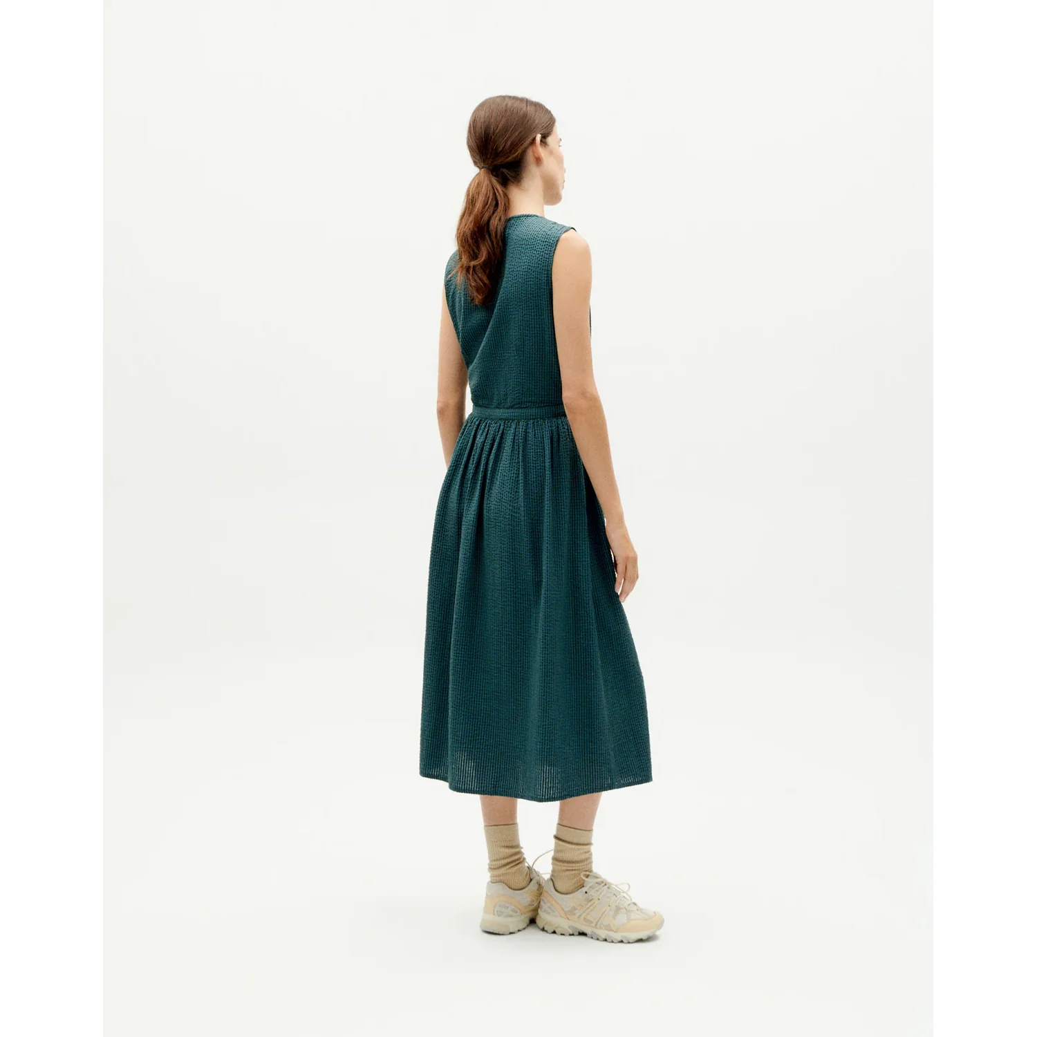 Ampola Dress Seersucker Ärmelloses Kleid, Midikleid, Dunkelpetrol, Strukturstoff, Tailliert