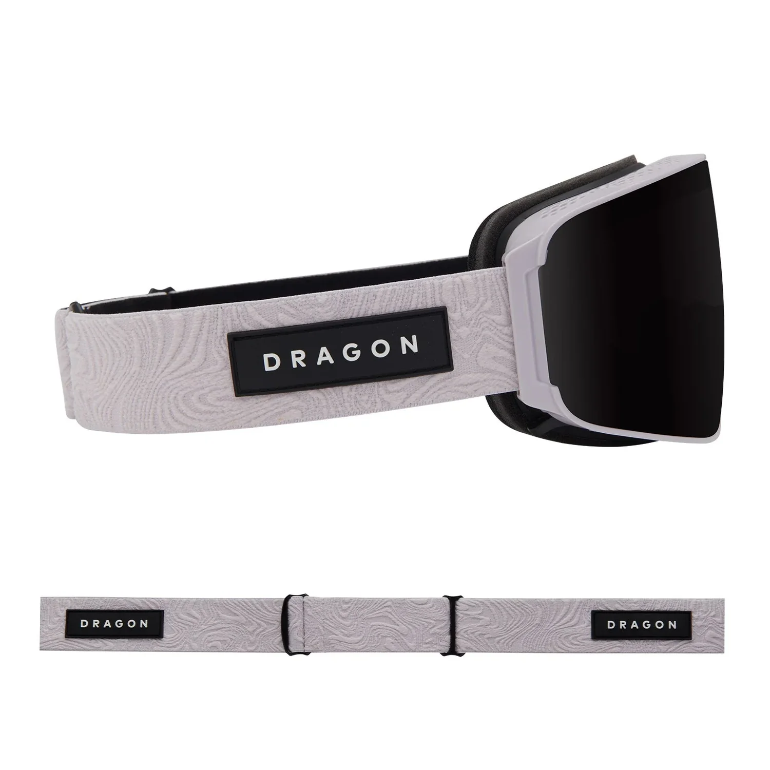 Skibrille, weißer Rahmen, schwarzes Glas, gemustertes Band, elastisches Band