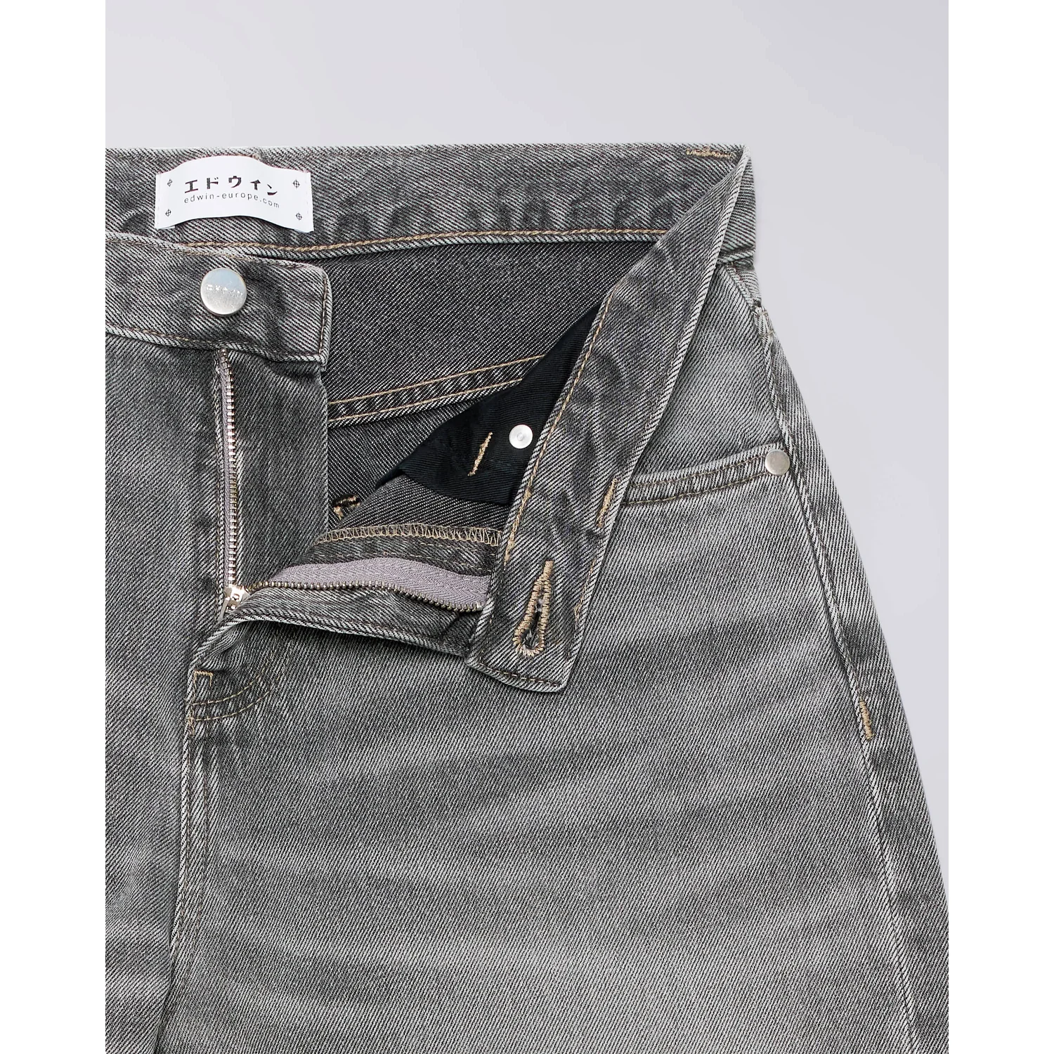Jeans, Grauer Denim, Reißverschluss, Metallknopf, Twill-Webung