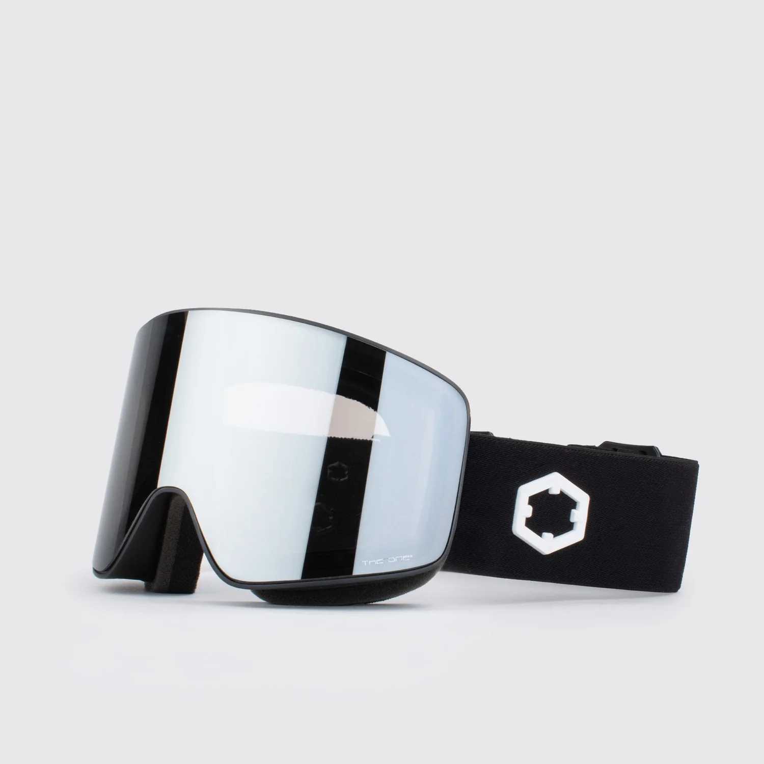 Skibrille, verspiegelte Scheibe, schwarzes Band, rahmenloses Design