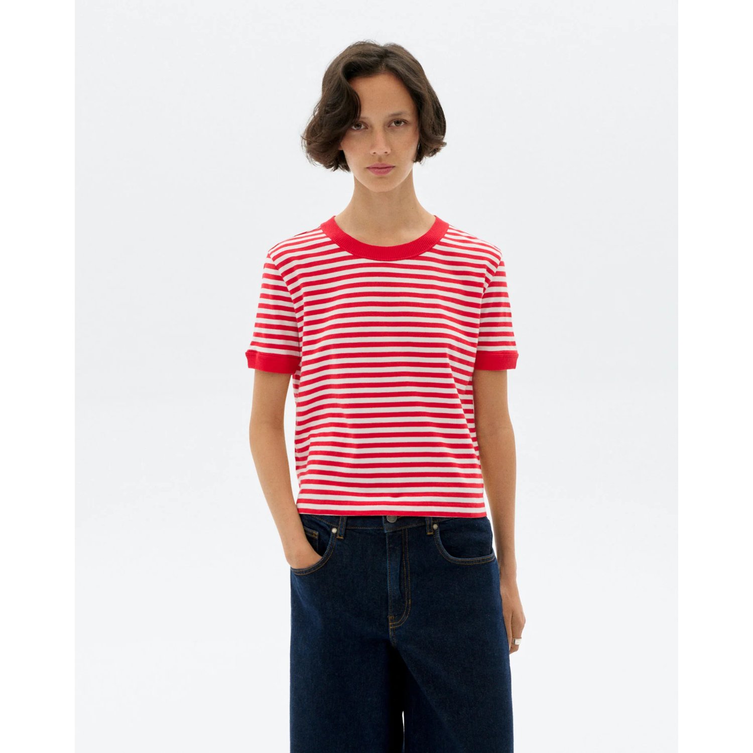T-Shirt, Streifen, Rot, Kurzarm, Rundhals