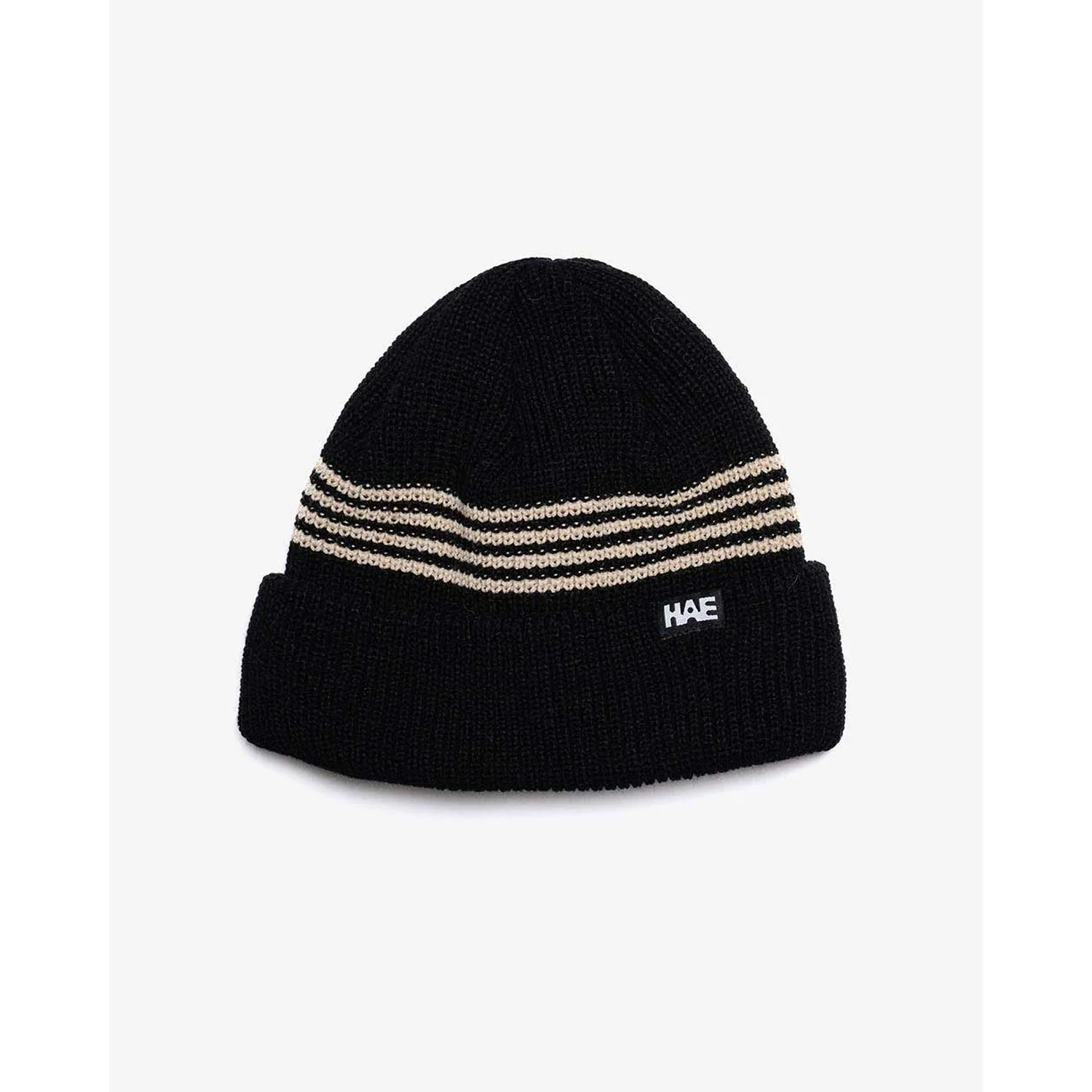 Bonnet en tricot, noir, à revers, motif rayé, tricoté
