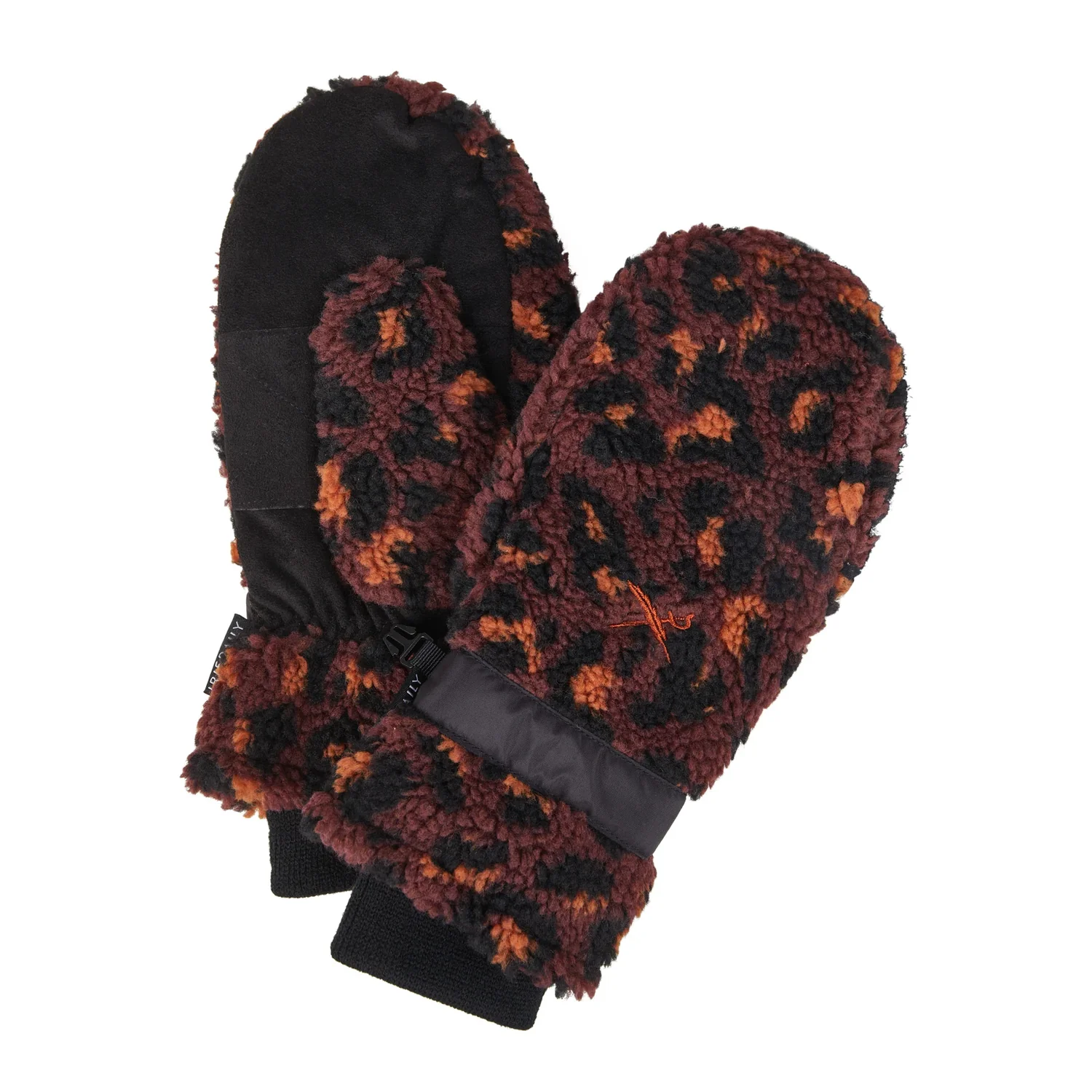 Fäustlinge, Teddyfleece, Leopardenmuster, Bordeaux-Schwarz, Strickbündchen