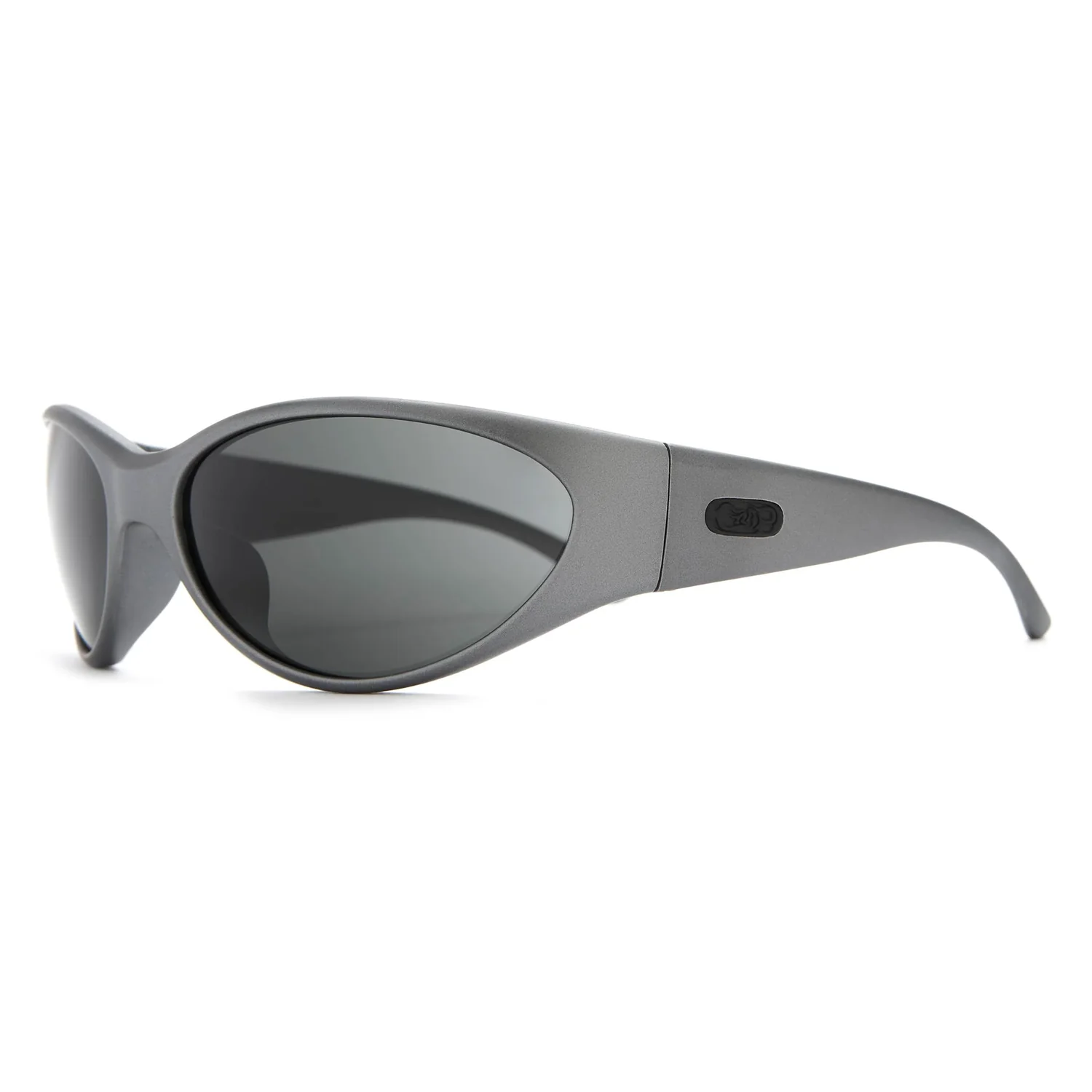 Sonnenbrille, graues Gestell, dunkle Gläser, Kunststoffgestell, ovale Gläser