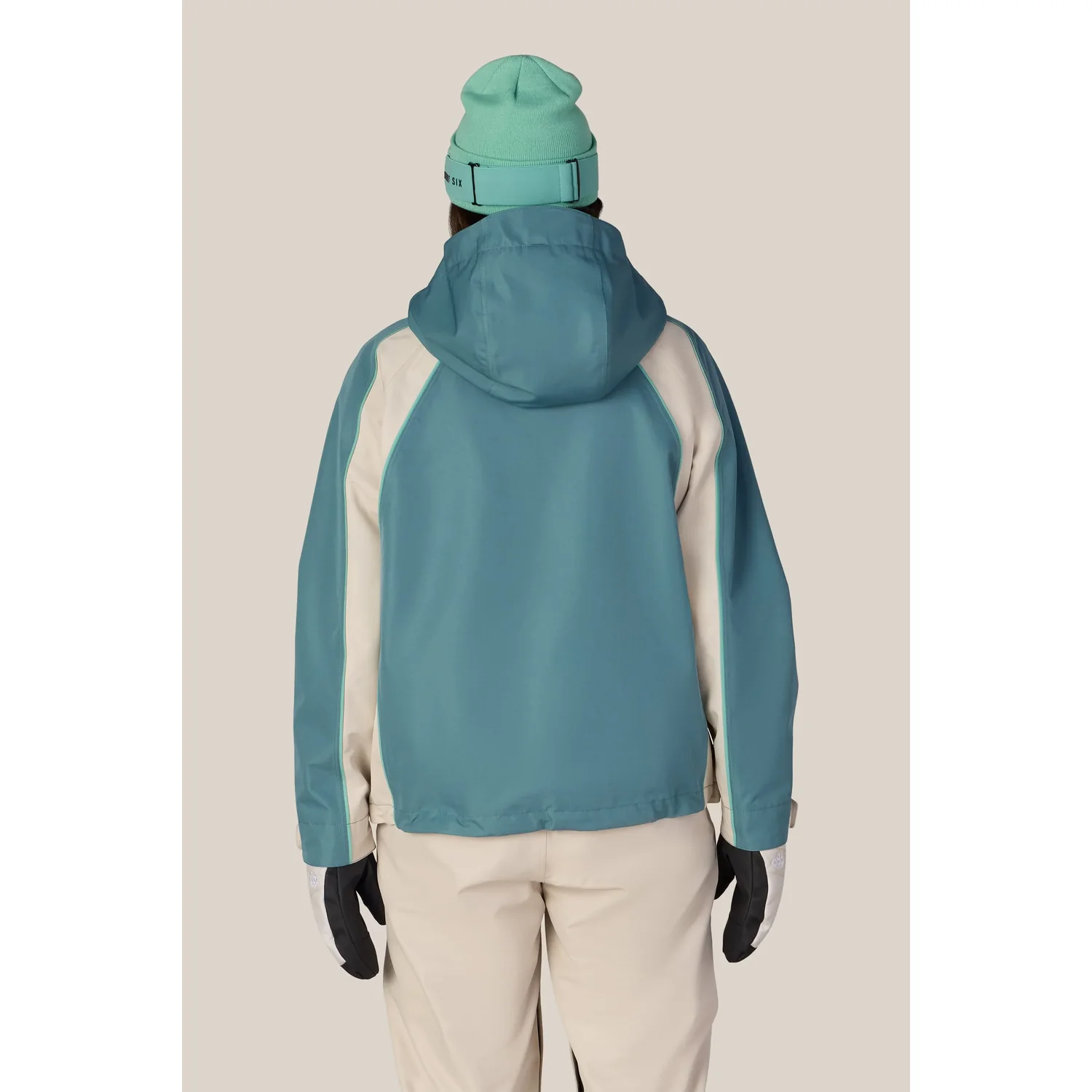 Veste de ski, capuche, turquoise, manches contrastées, bicolore