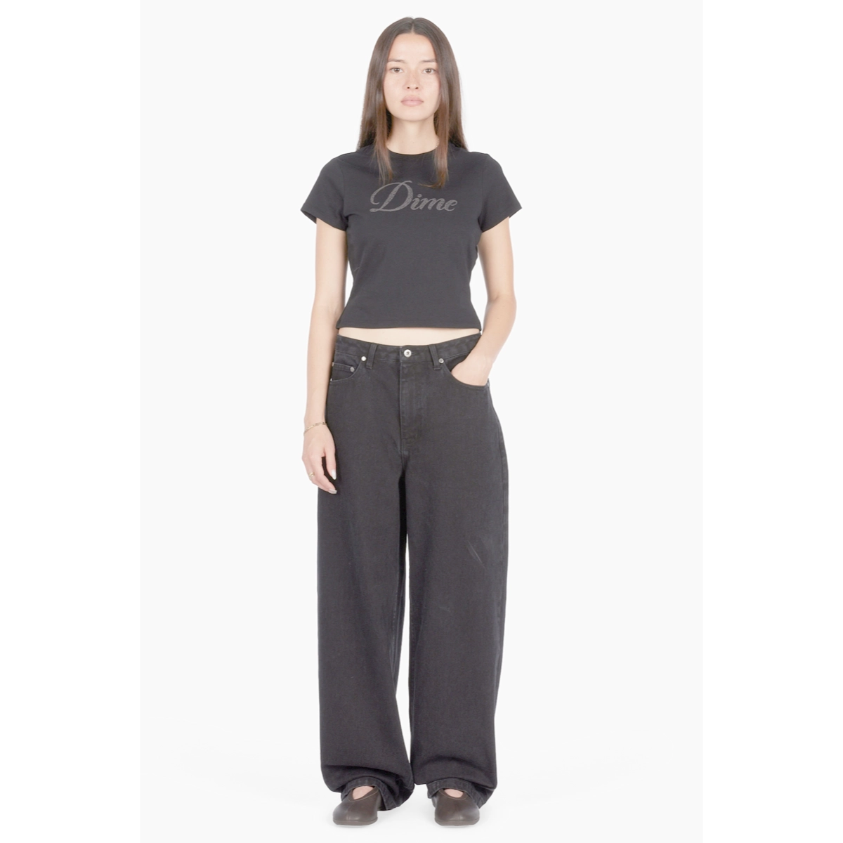 T-Shirt, Crop Top, Schwarz, Kurzarm, Logo/Grafik, T-Shirt, Crop Top, Graphic Tee, Charcoal Grey, Casual Jeans