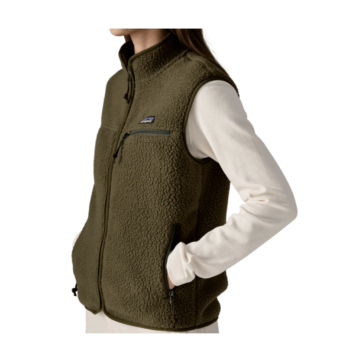 Fleece-Weste, Olivgrün, Reißverschlusstaschen, Hochkragen, Ärmellose Schicht