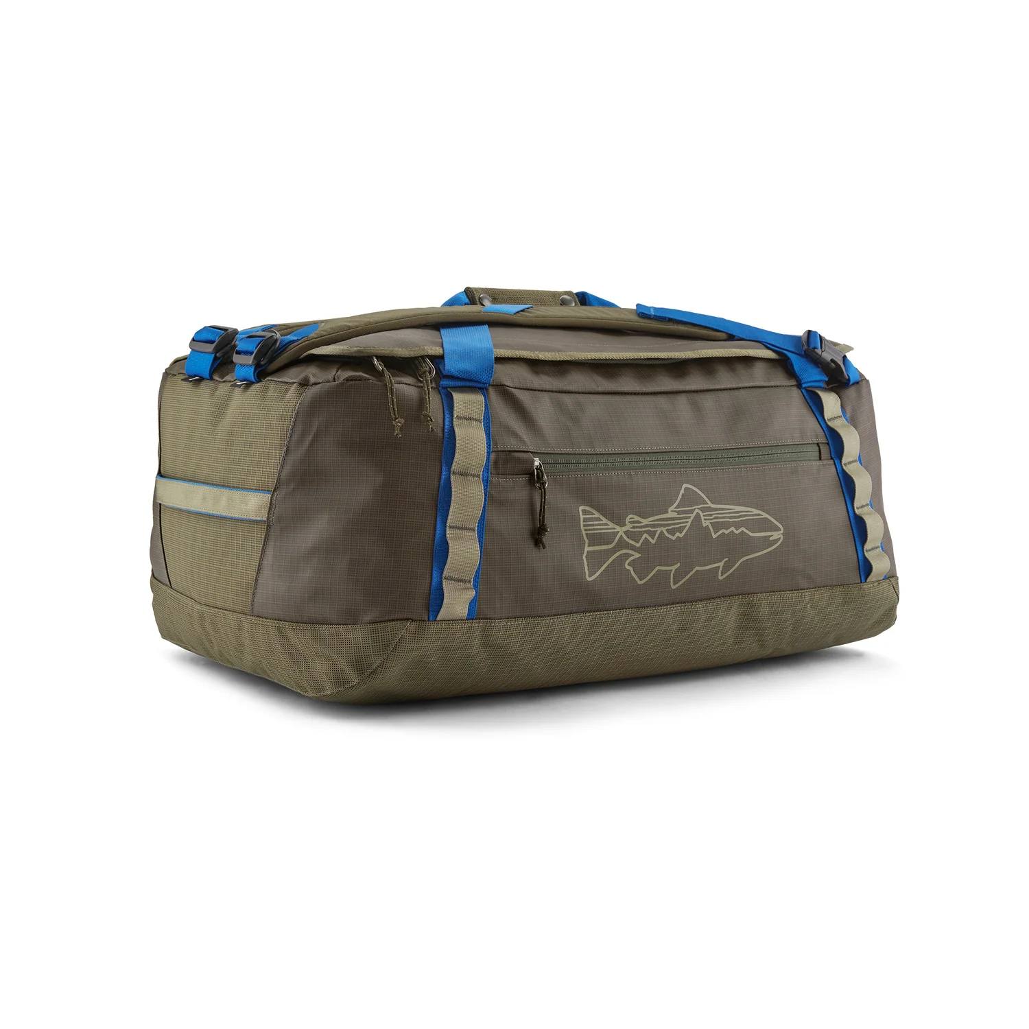 Reisetasche, Duffelbag, Olivgrün, Blaue Gurte, Frontfach mit Reißverschluss