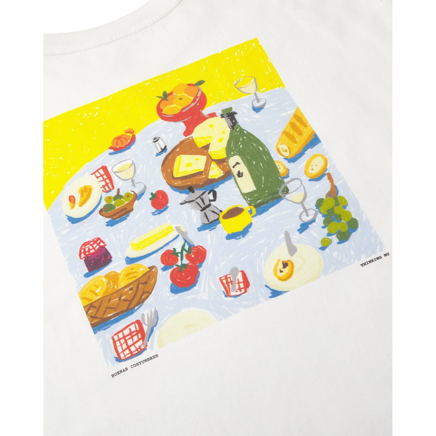 weißes T-Shirt, Rundhalsausschnitt, Lebensmittelmotiv, bunter Print