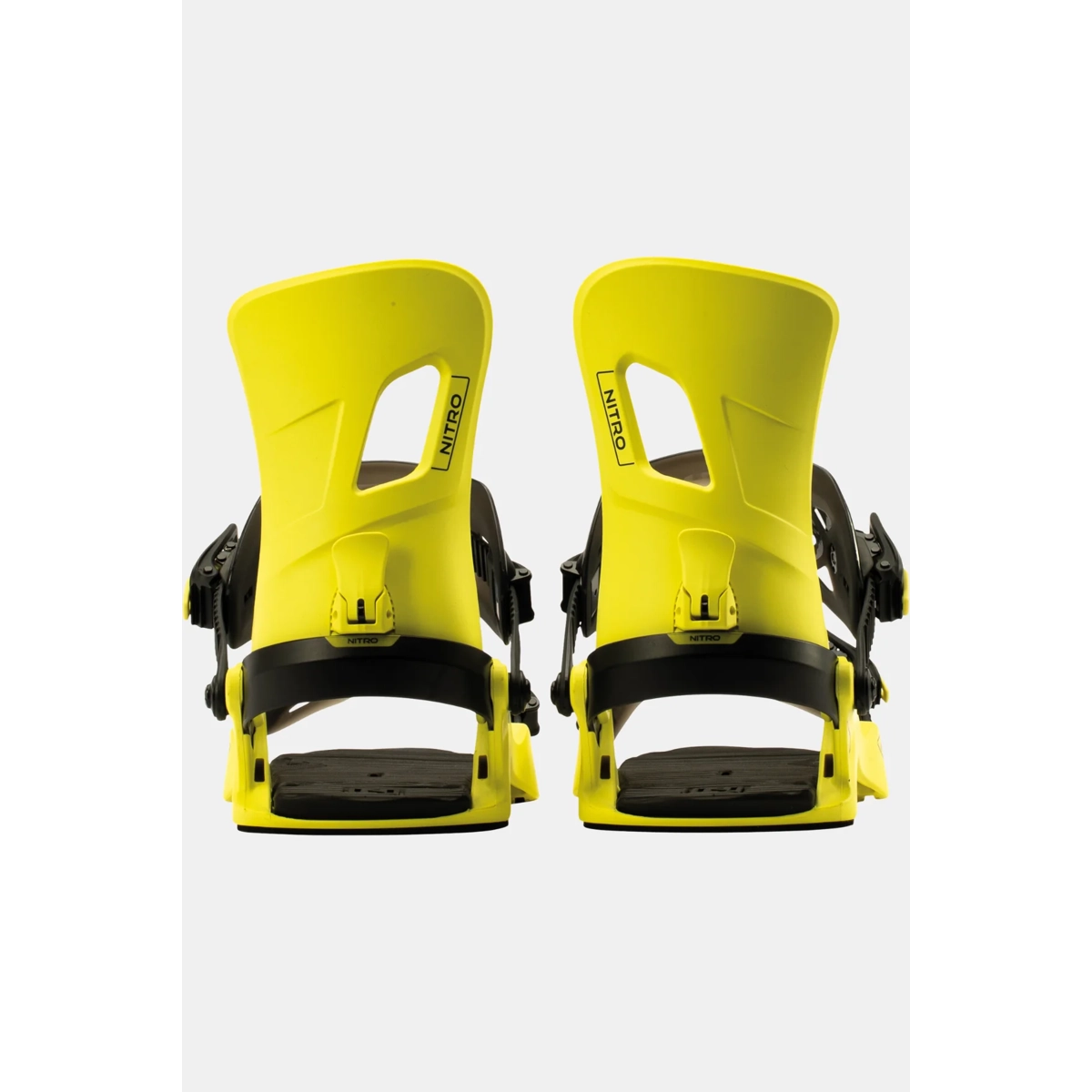 Fixations de snowboard, fixations jaunes, fixations Nitro, fixations réglables, fixations twin, fixations de snowboard, image arrière, fixations jaunes, fixations à enfilage, marque « Nitro » visible