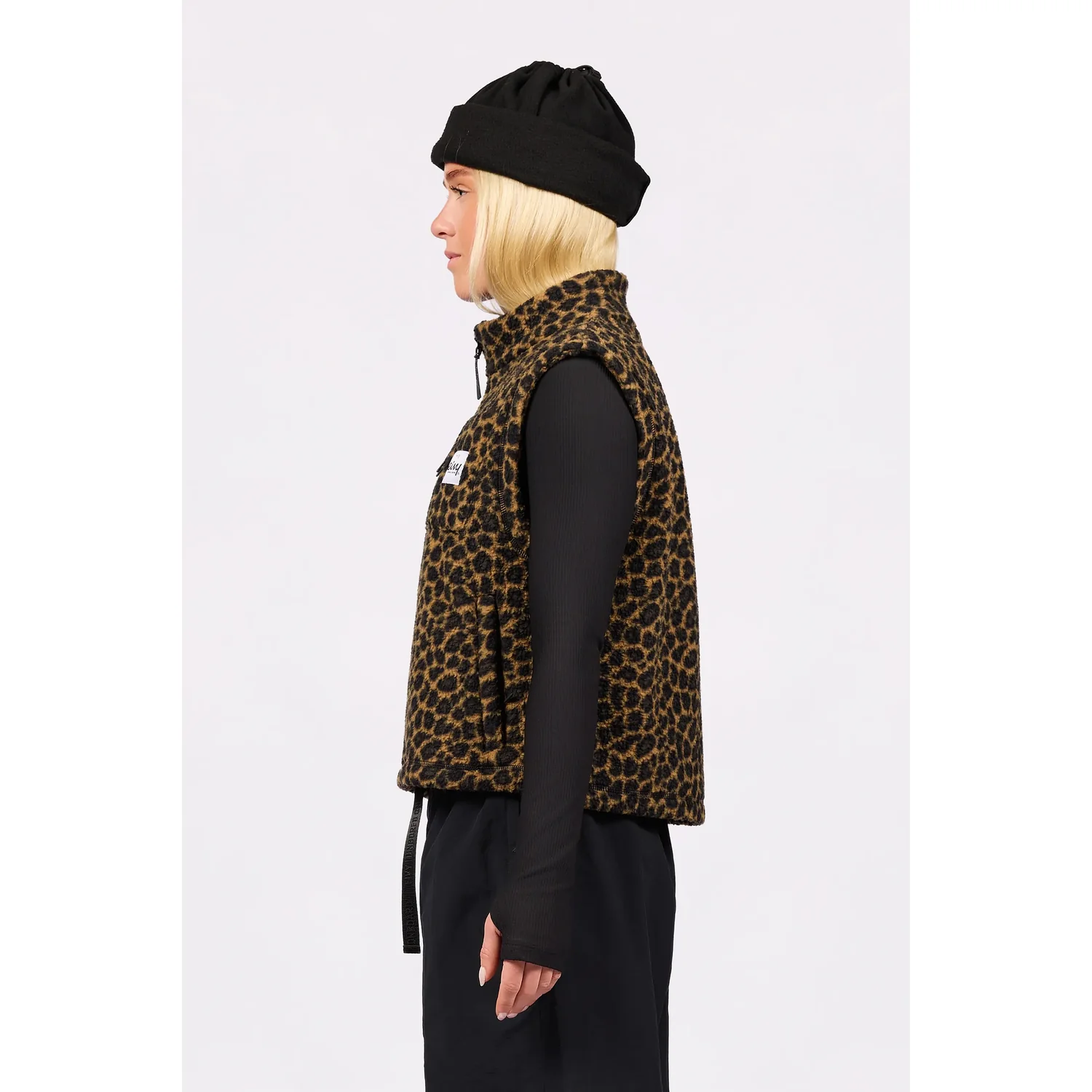 Leopardendruck, Fleece-Weste, saumlose Jacke, Reißverschluss-Stehkragen, schwarzer Langarmshirt, Ärmellose Weste, Leopardenmuster, Stehkragen, Reißverschluss, Braun-Schwarz