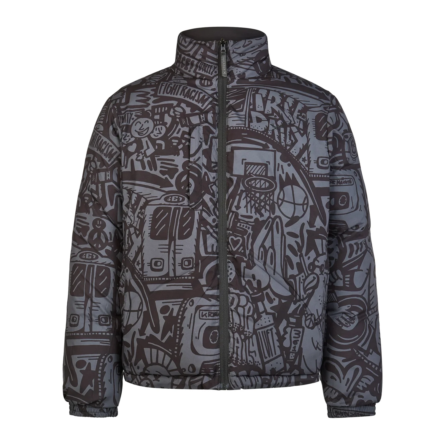 Veste, col montant, fermeture éclair, motif graffiti, gris-noir
