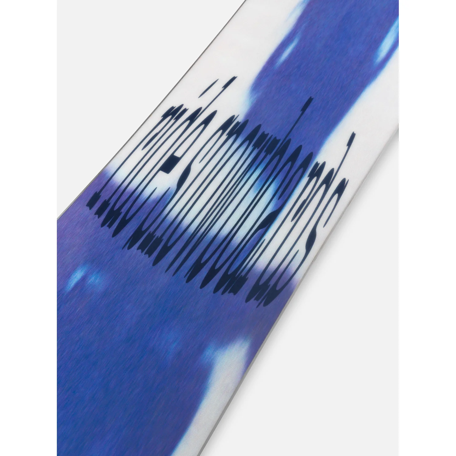 Snowboard, bleu et blanc, motif graphique, lettrage noir, surface brillante