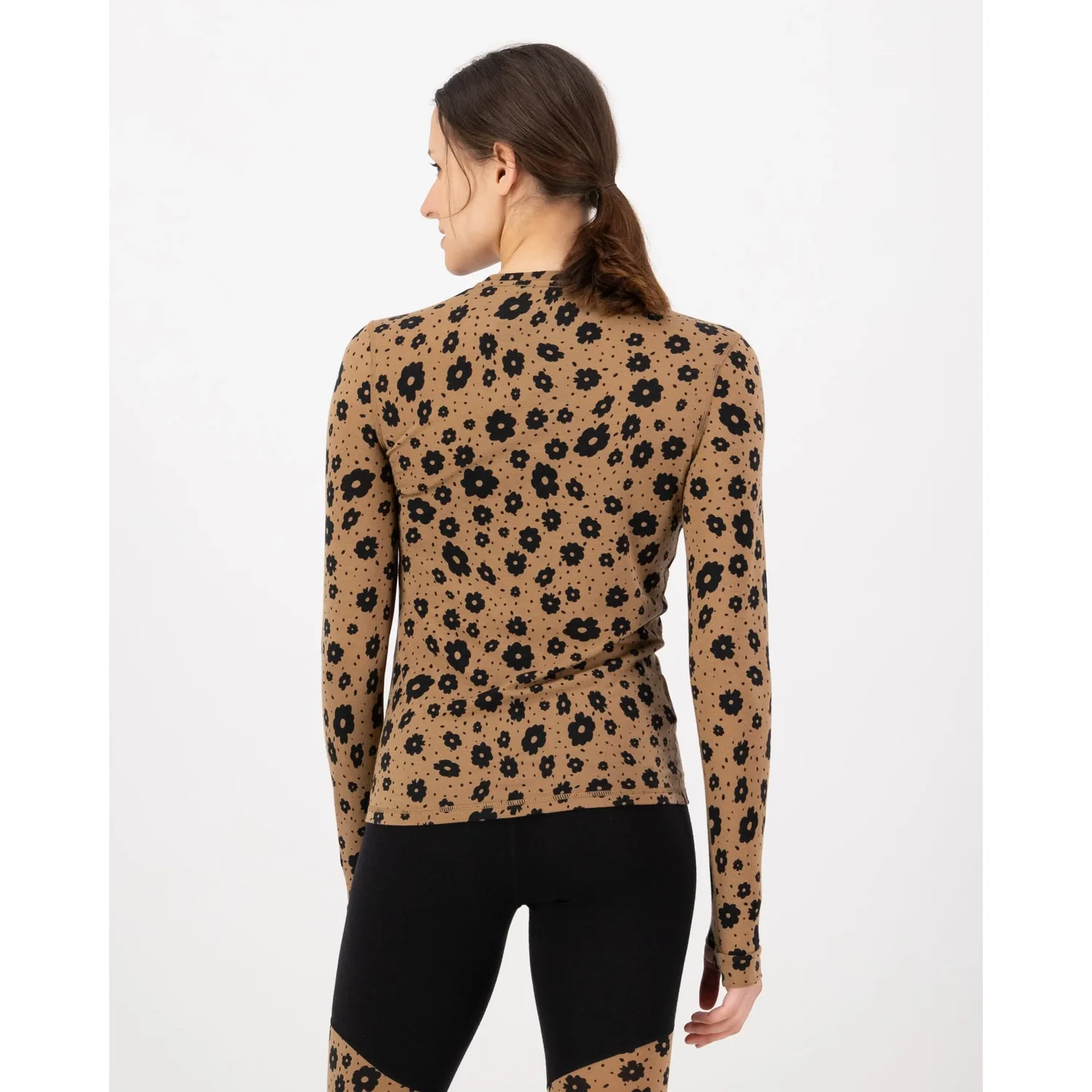 Cascade Mer.Ls Langarmshirt, Blumenmuster, Braun, Schwarz, Rundhalsausschnitt