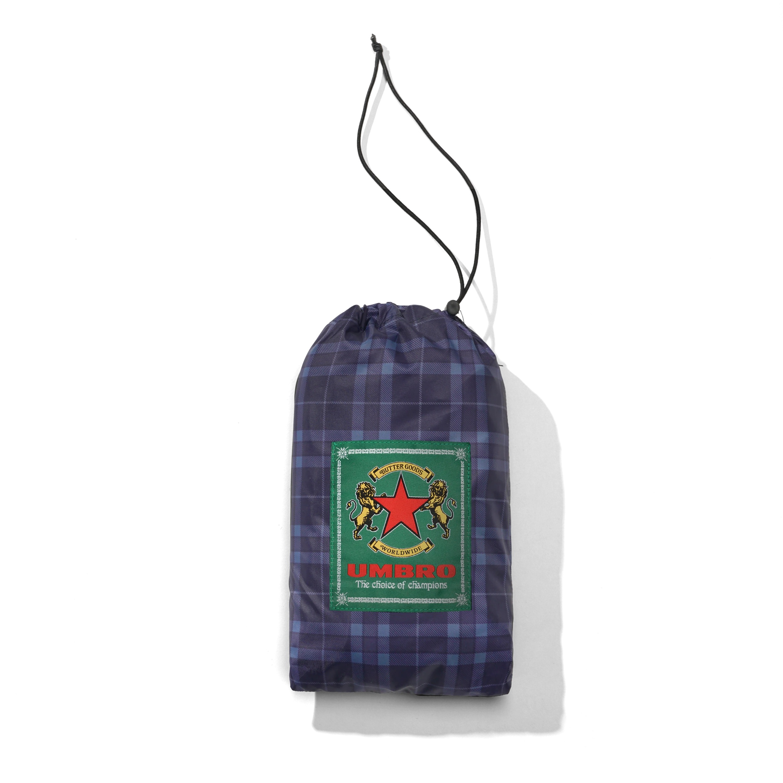drawstring bag, plaid, purple, green patch, drawstring