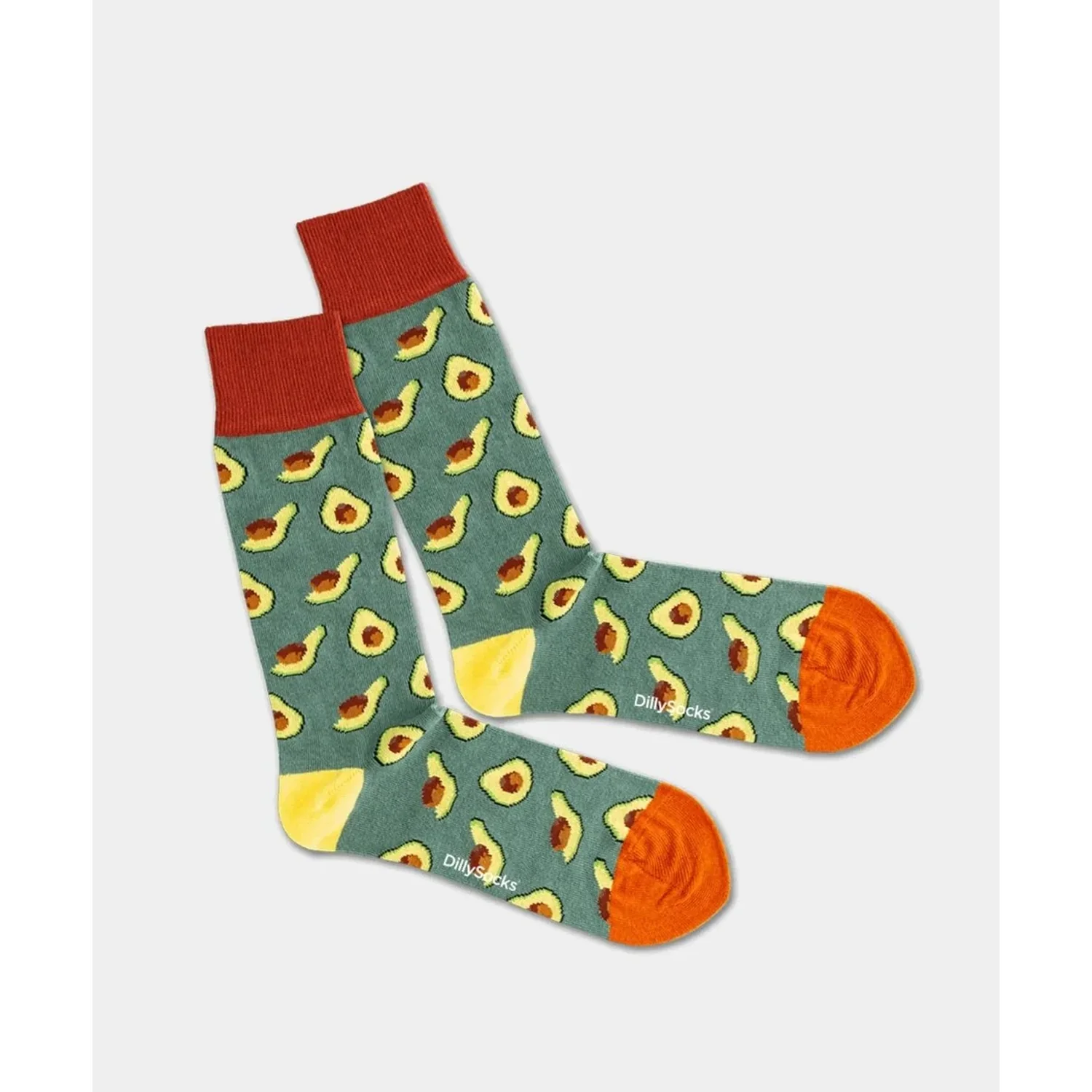 Avocado Field Chaussettes, motif avocat, vert, bords-côtes orange, tricotage circulaire