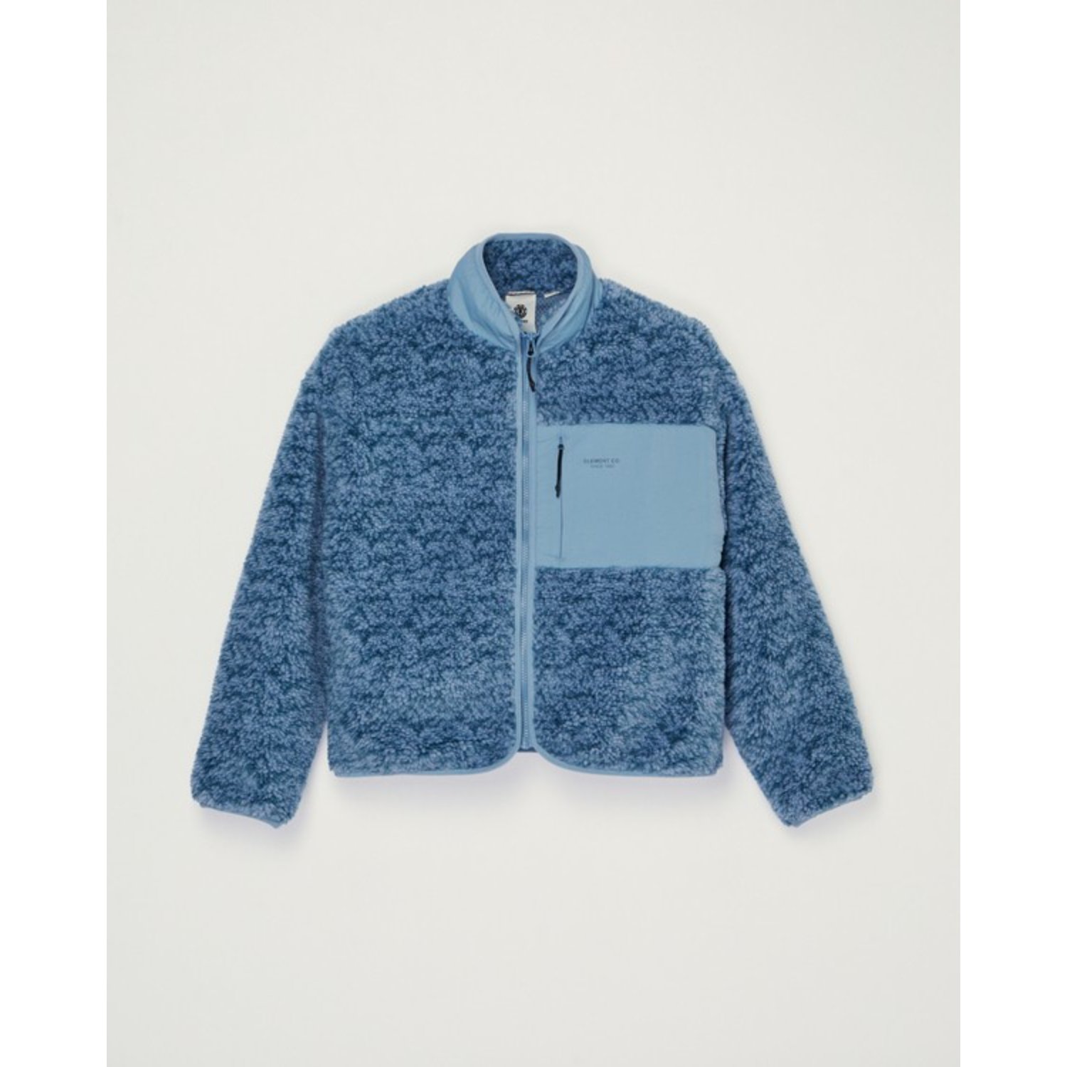 Veste polaire, bleue, fermeture éclair, col montant, poche poitrine ajustée