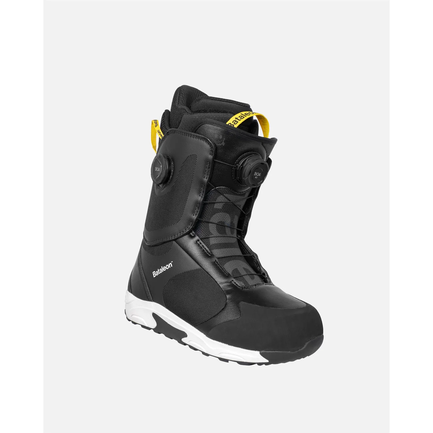 Snowboardstiefel, schwarz, BOA-Verschluss, hoher Schaft, weiße Sohle