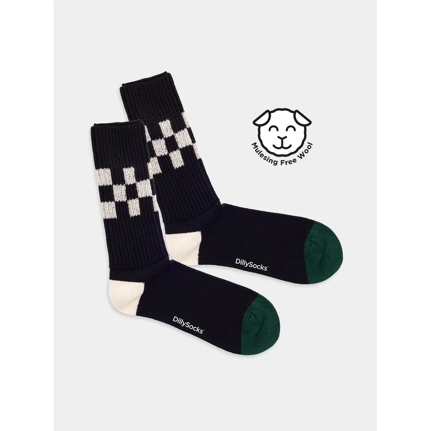 Chaussettes, motif à carreaux noir et blanc, bordure verte, tricot côtelé, laine
