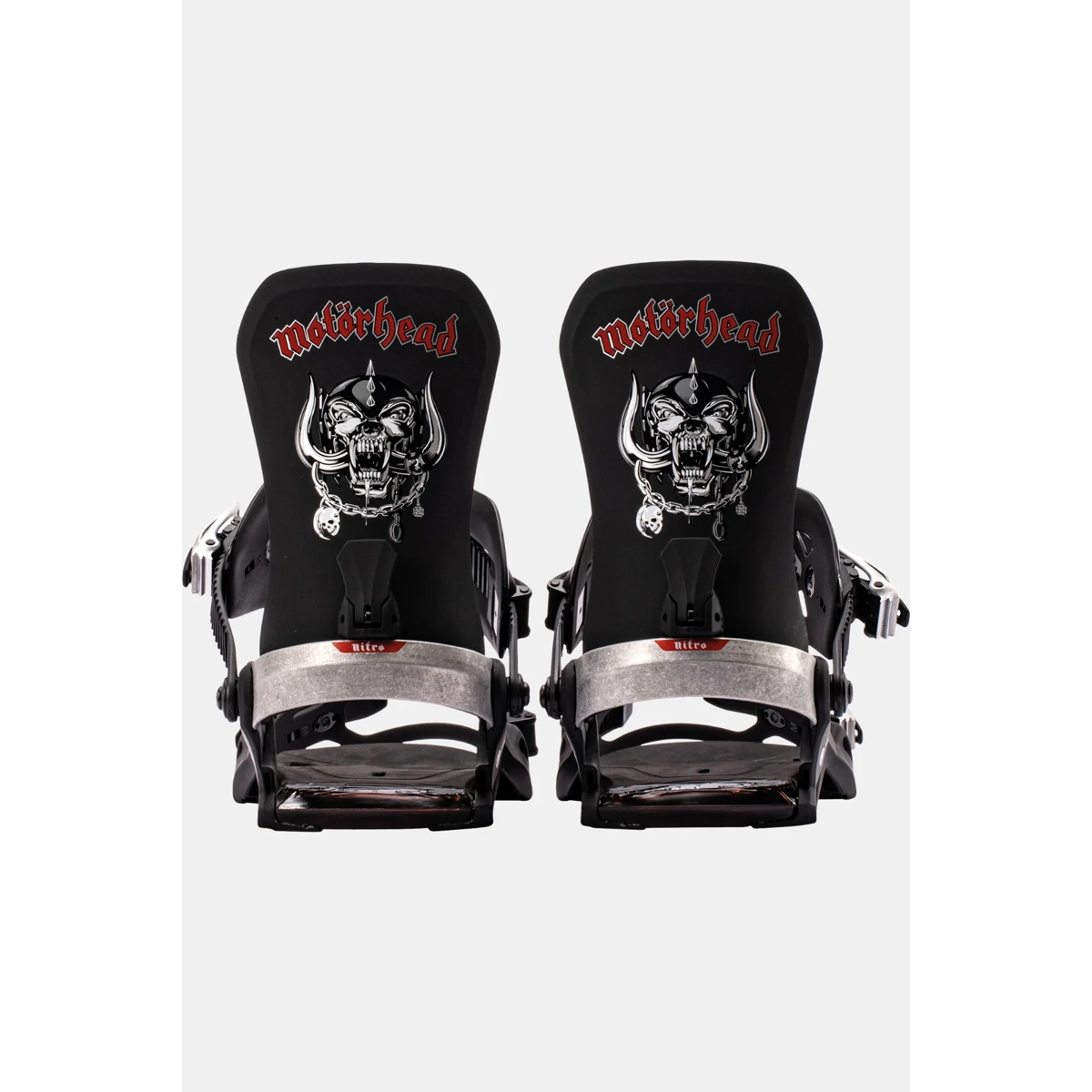 Fixations de snowboard, motif Motörhead, fixations noires, fixations doubles, sangles métalliques, fixations de ski, fixations de snowboard, deux fixations, sangles métalliques, motif Motörhead
