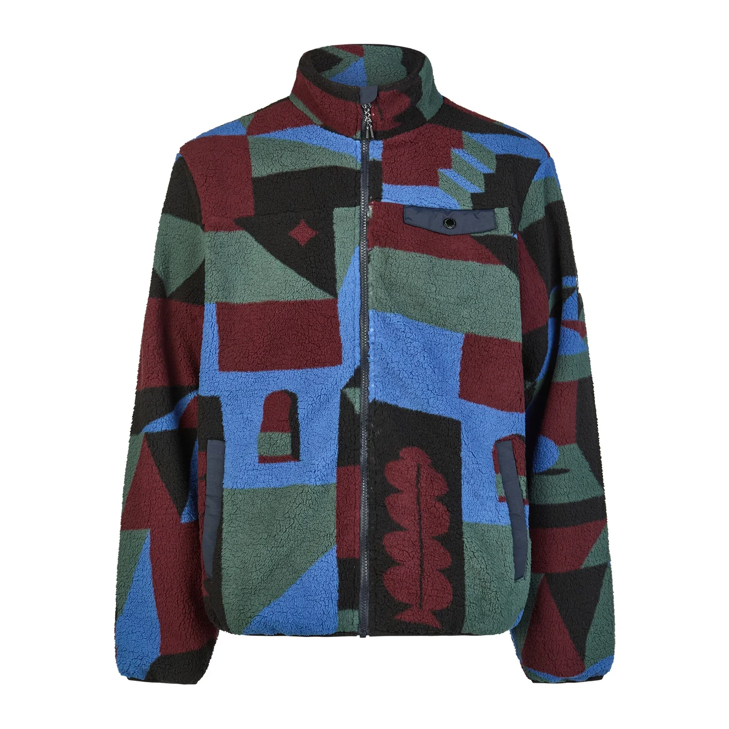Veste polaire, polaire « teddy », fermeture éclair, col montant, motif géométrique